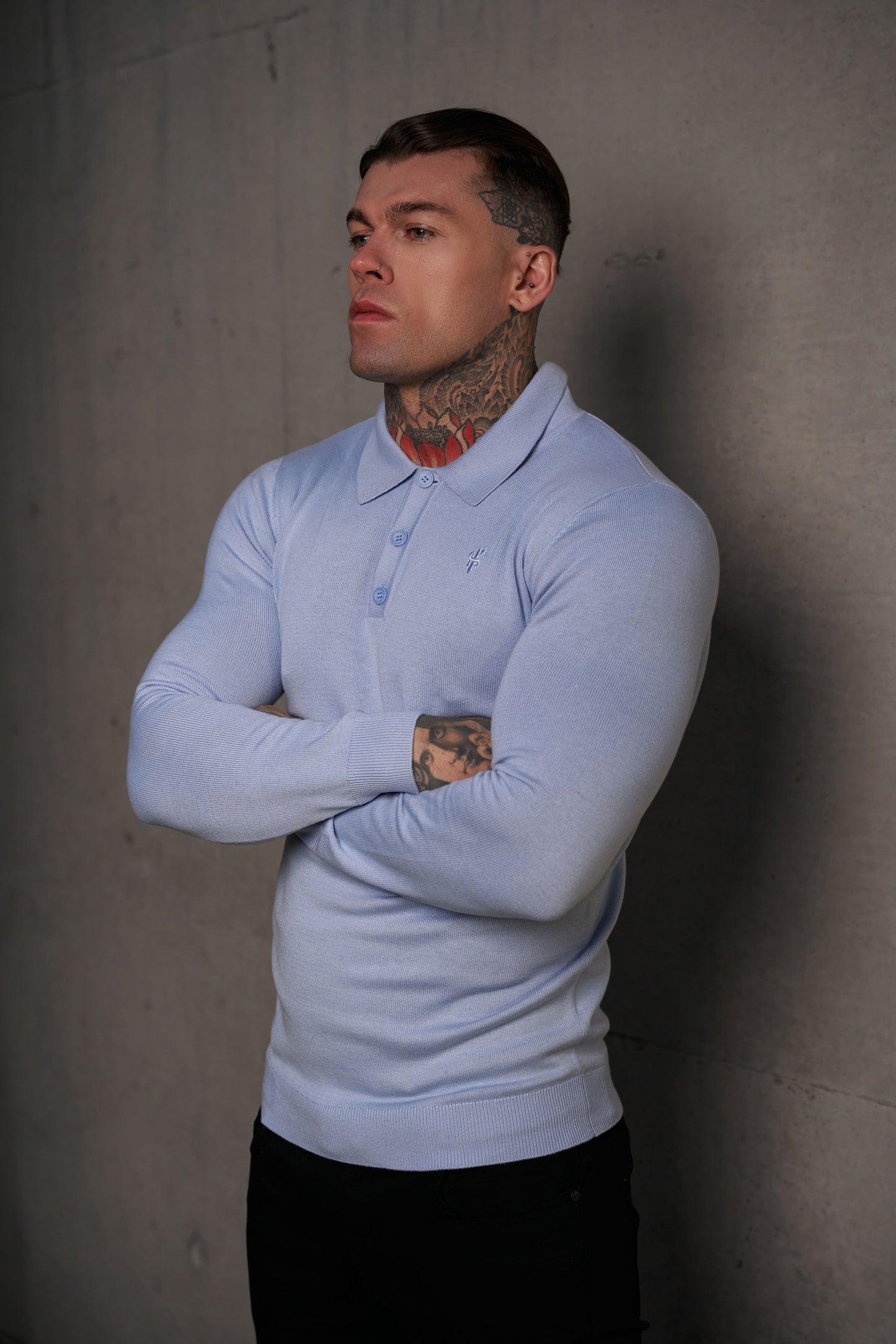 Timeless Pale Blue Knitted Polo Jumper for Men - Long Sleeve with Subtle Tonal FS Embroidery - Model FSN142