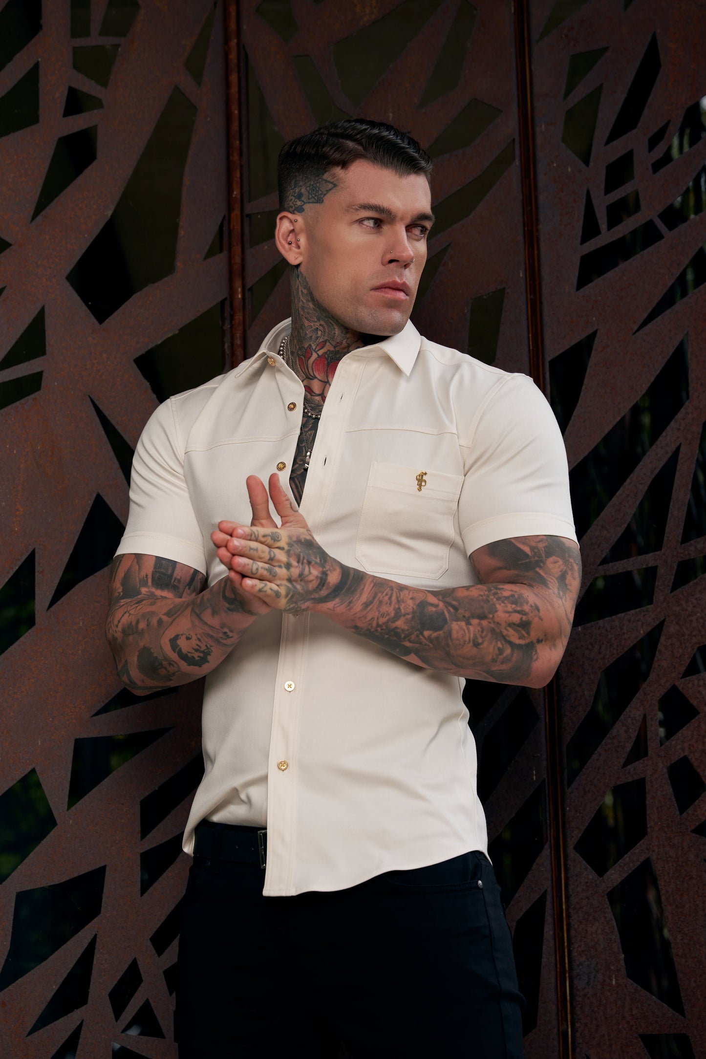 Elevate Your Style: Father Sons Super Slim Fit Cream Stretch Denim Short Sleeve Shirt with Trendy Horizontal Seam and Pocket - FS955