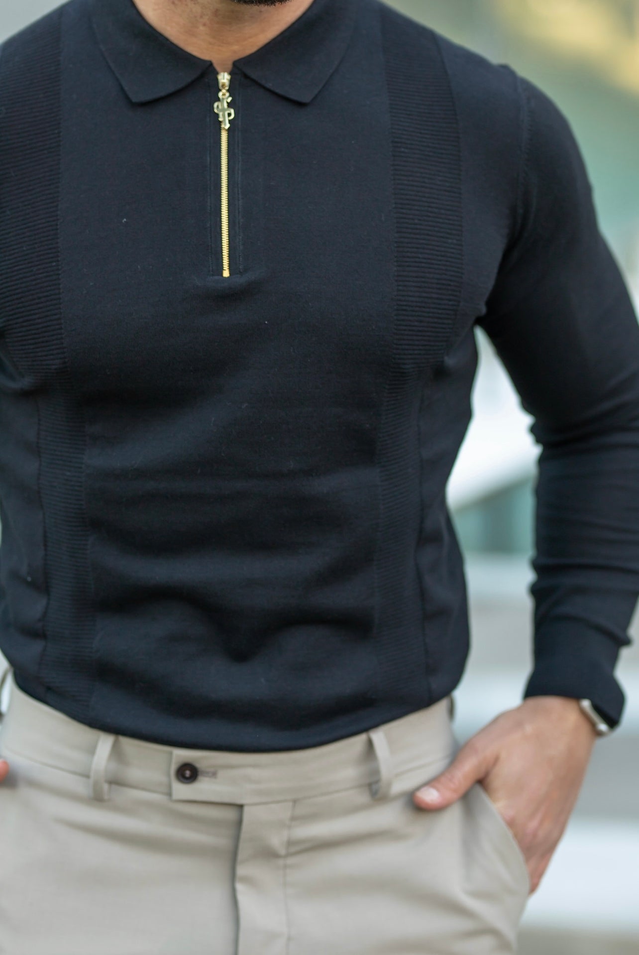 Elevate Your Wardrobe with the Father Sons Timeless Black and Gold Long Sleeve Zip Polo Shirt - FSN126