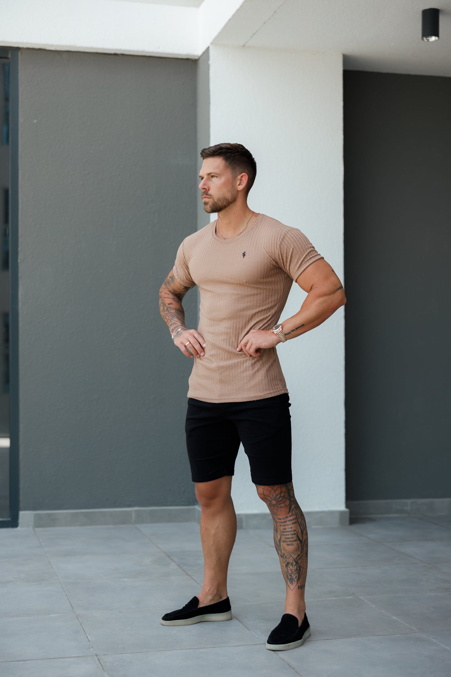 Elevate Your Wardrobe with Father Sons Classic Black Ribbed Knit Super Slim Short Sleeve Crew Tee - FSH1090