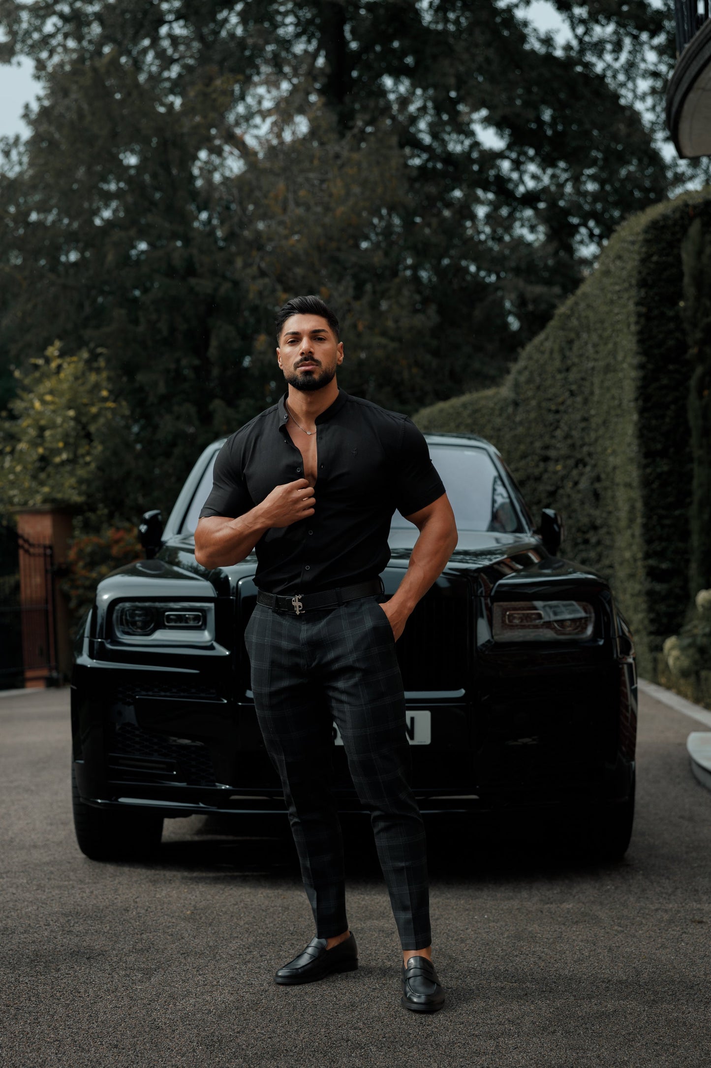 Elevate Your Style with the Father Sons Super Slim Stretch Oxford Shirt - All Black Grandad Collar, Short Sleeve - FS582