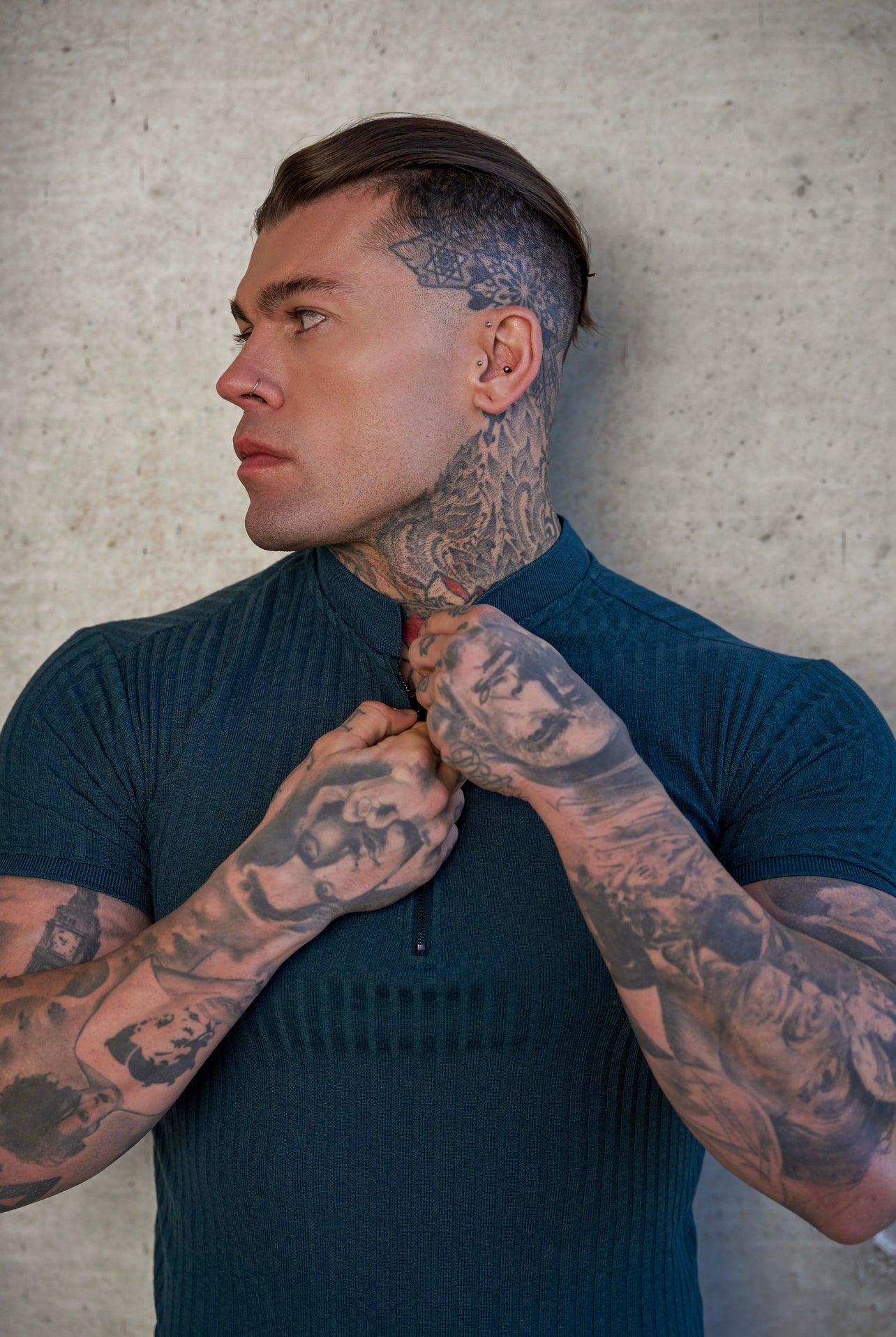 Elevate Your Style with the Father Sons Classic Forest Green & Black Ribbed Zip Grandad Collar Shirt - Short Sleeve FSH917