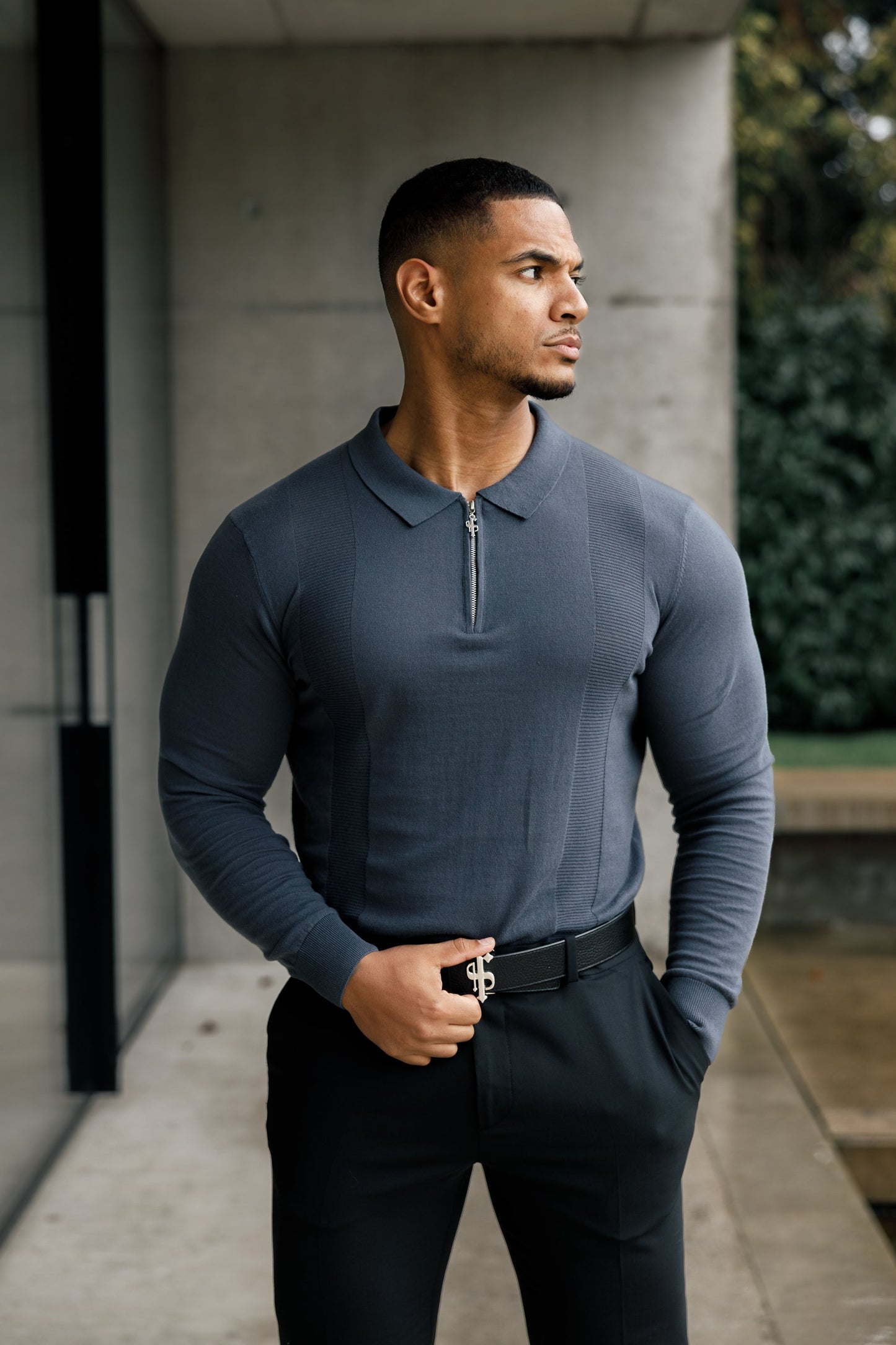 Elevate Your Wardrobe with the Father Sons Gunmetal & Silver Long Sleeve Knitted Polo Shirt - FSN128