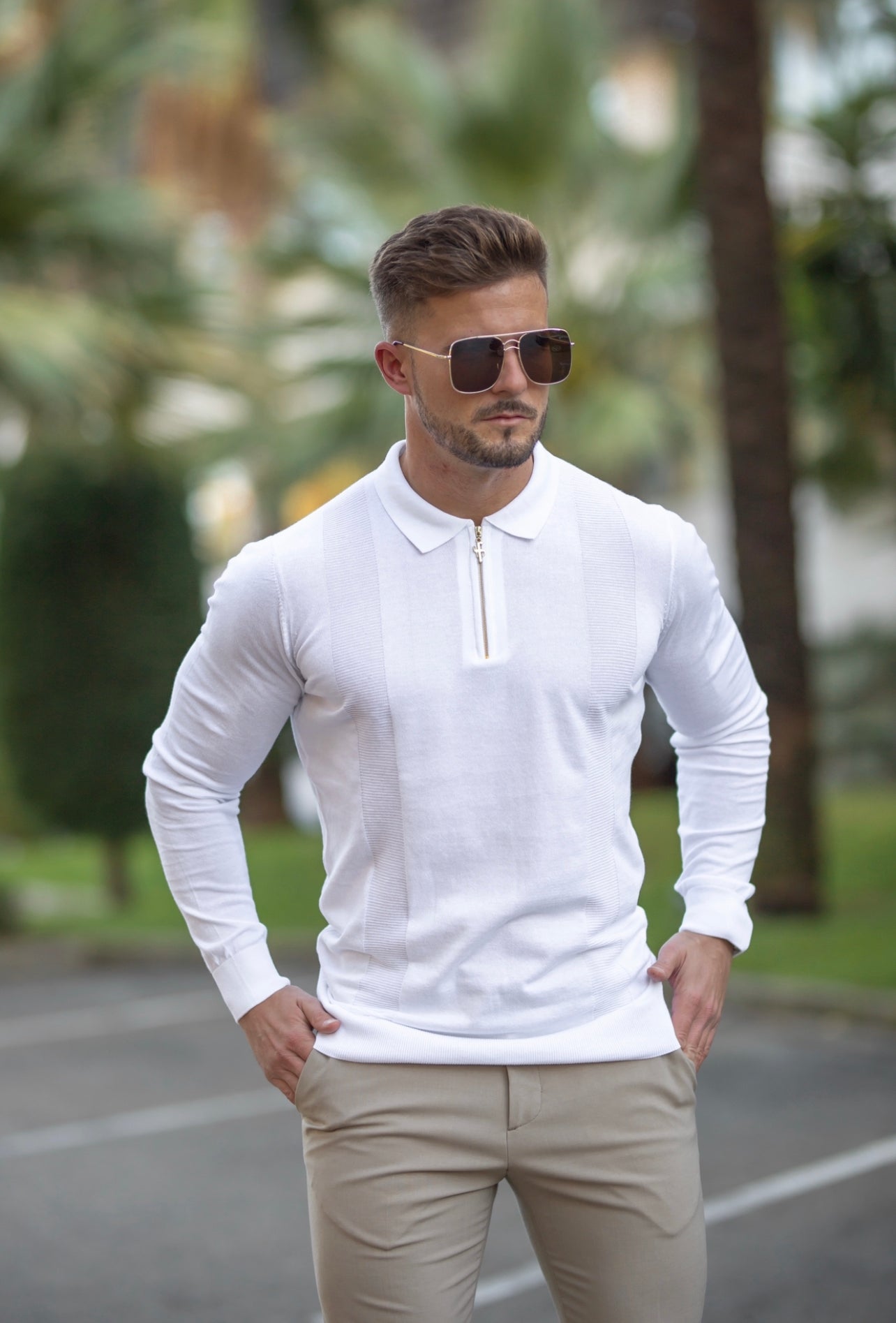 Ultimate Father Sons White and Gold Long Sleeve Zip Polo - FSN125
