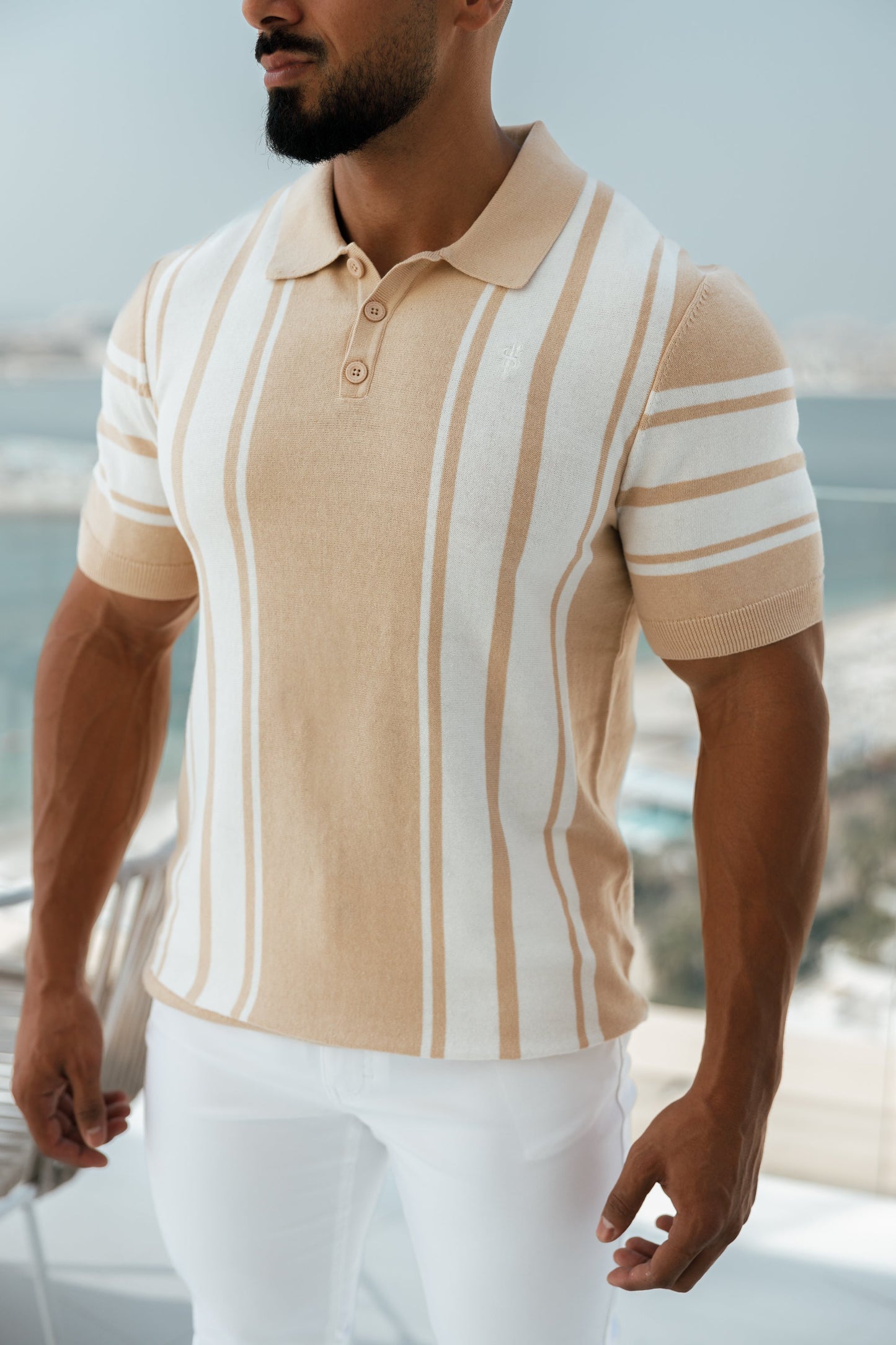Elevate Your Wardrobe with the Father Sons Chic Beige & Off-White Vertical Stripe Knitted Polo - Short Sleeve Style!