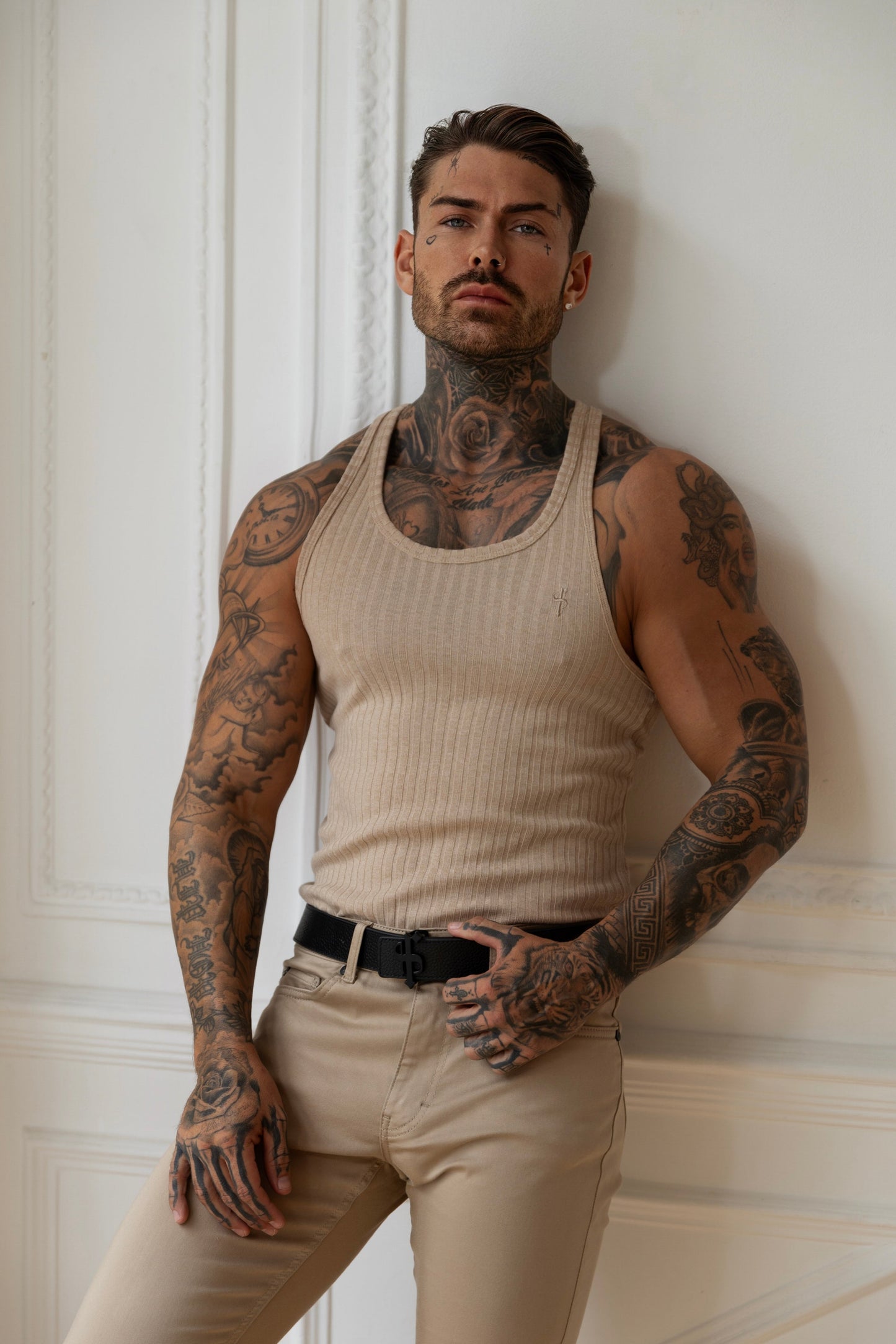 Elevate Your Style with the Father Sons Classic Beige Ribbed Knit Super Slim Fit Vest - FSH414