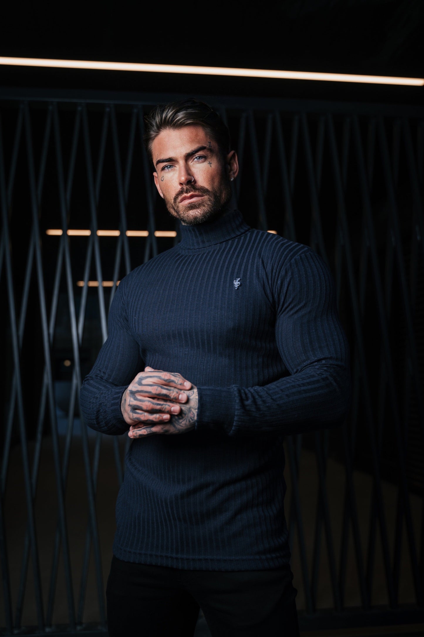 Timeless Navy & Silver Ribbed Knit Roll-Neck Jumper for Men - Father Sons FSH958