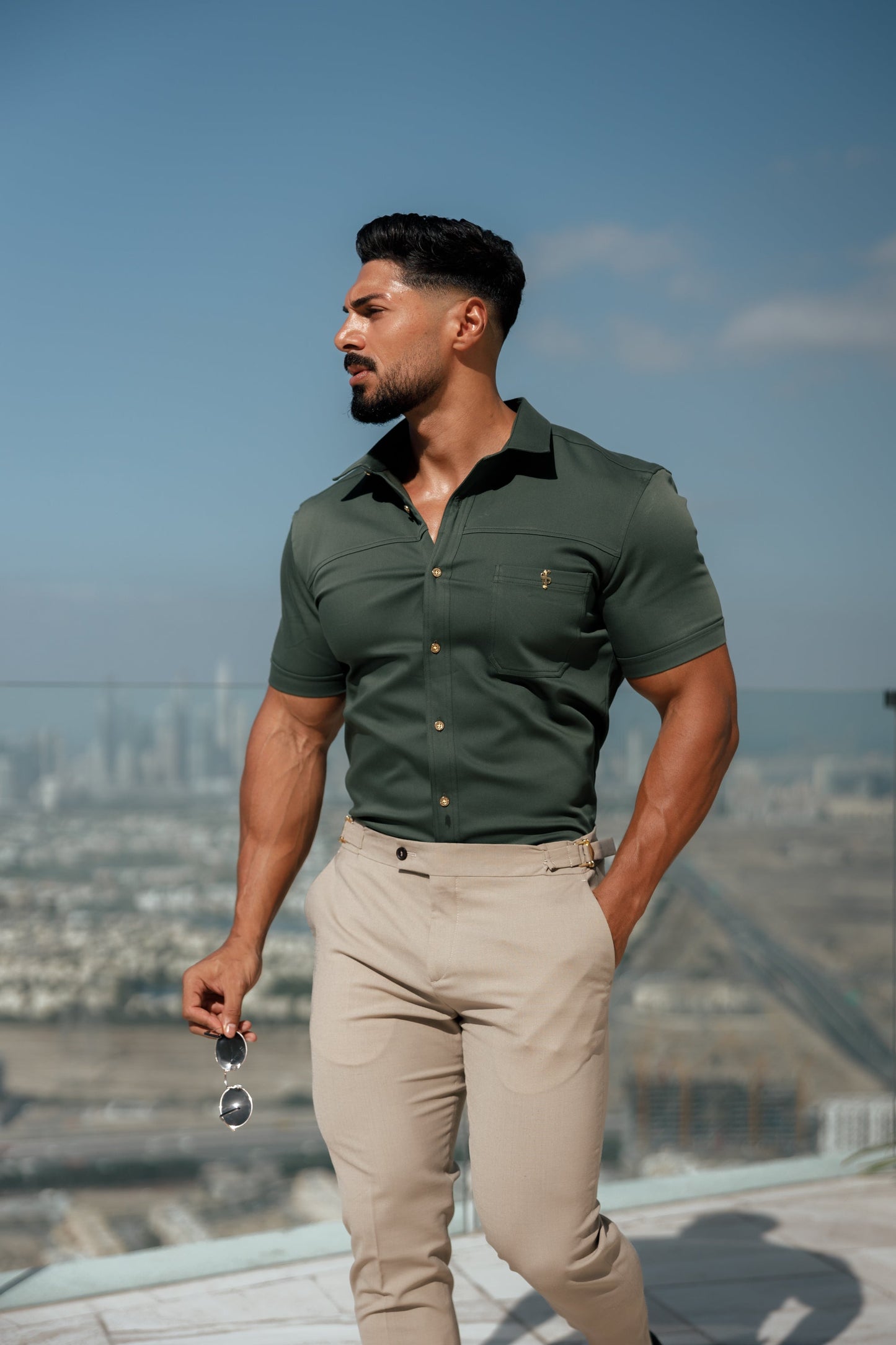 Elevate Your Style: Father Sons Super Slim Stretch Khaki Denim Short Sleeve Shirt with Trendy Horizontal Seam and Pocket - FS958
