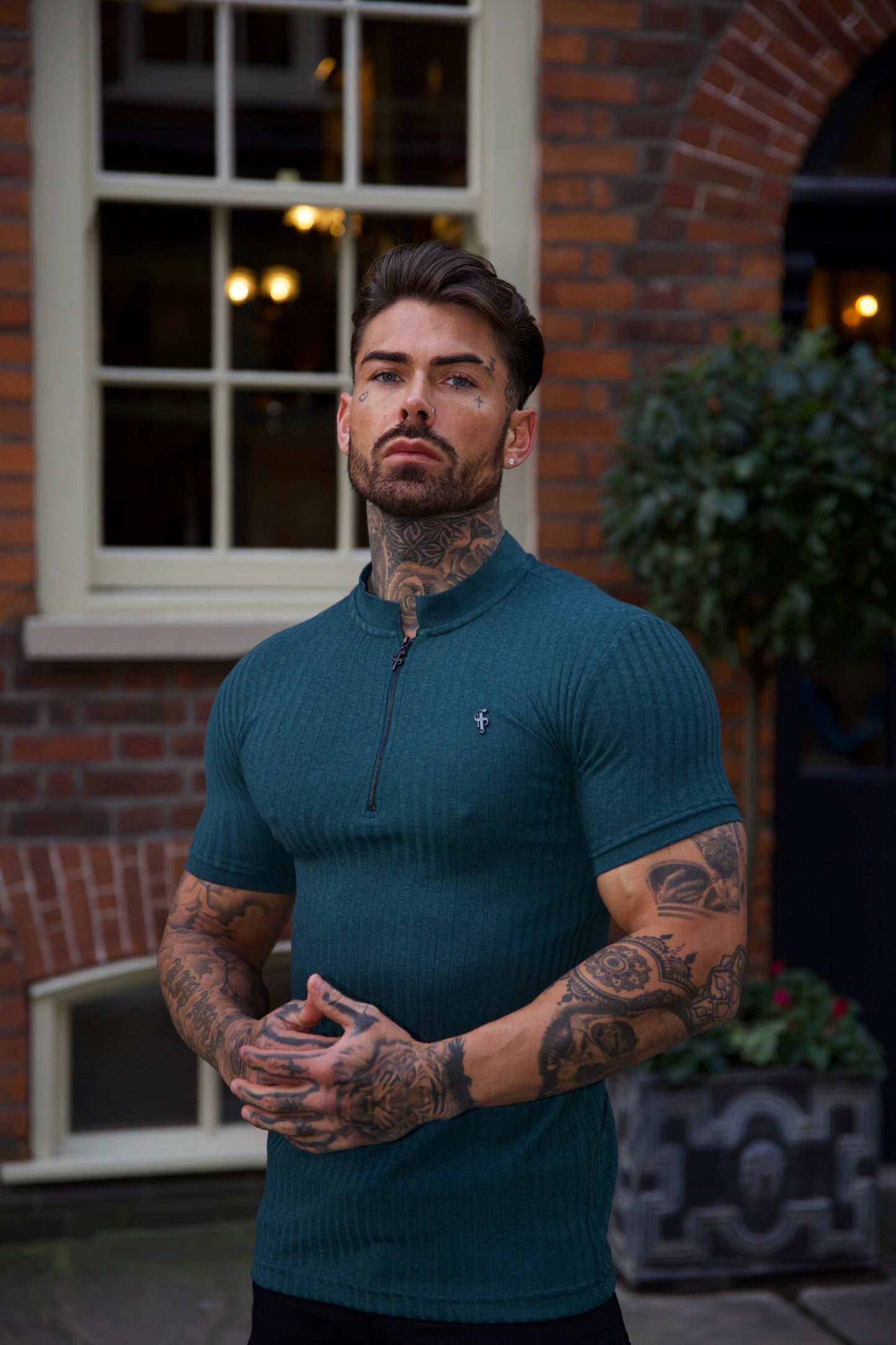 Elevate Your Style with the Father Sons Classic Forest Green & Black Ribbed Zip Grandad Collar Shirt - Short Sleeve FSH917