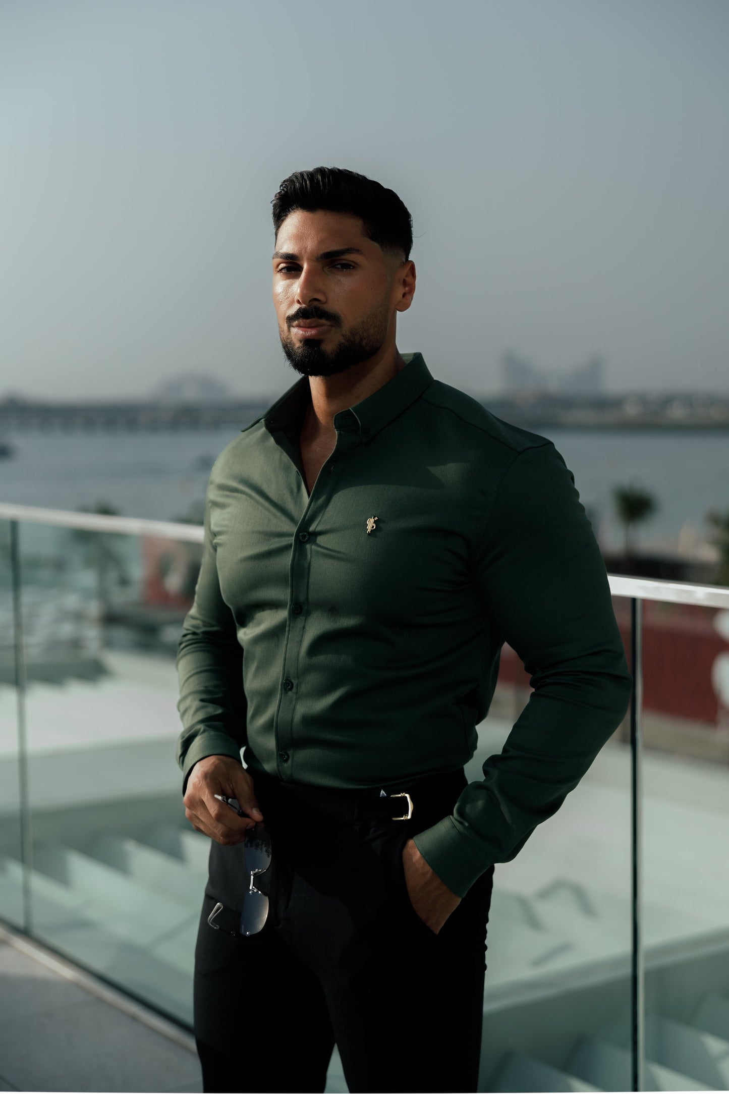 Elevate Your Style with Father Sons Super Slim Stretch Khaki Denim Long Sleeve Shirt Featuring Gold Metal Accent and Button Down Collar - FS1044
