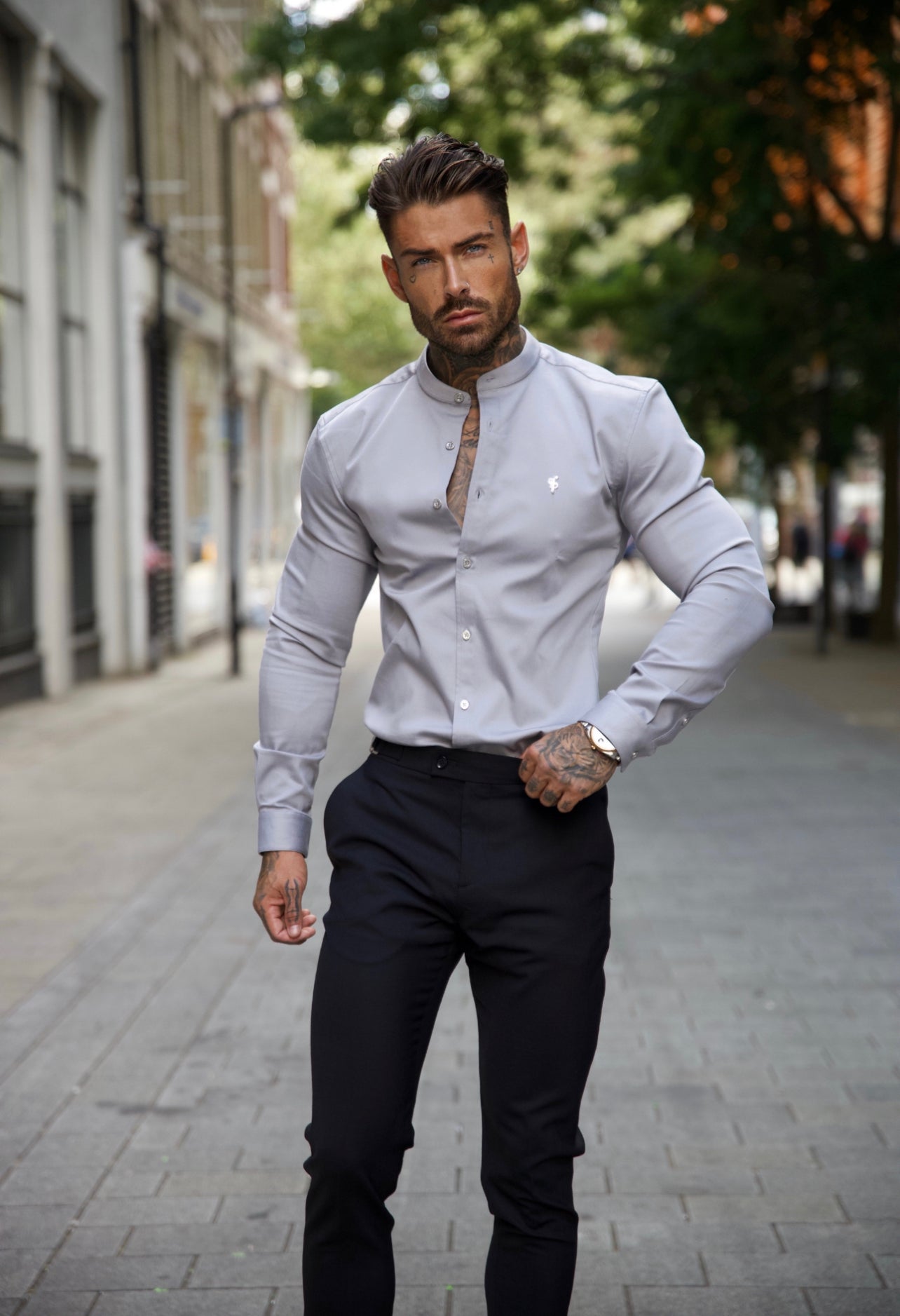 Elevate Your Style: Father Sons Super Slim Fit Stretch Grey Denim Long Sleeve Shirt with Trendy Grandad Collar and Sleek Silver Metal Buttons - FS962