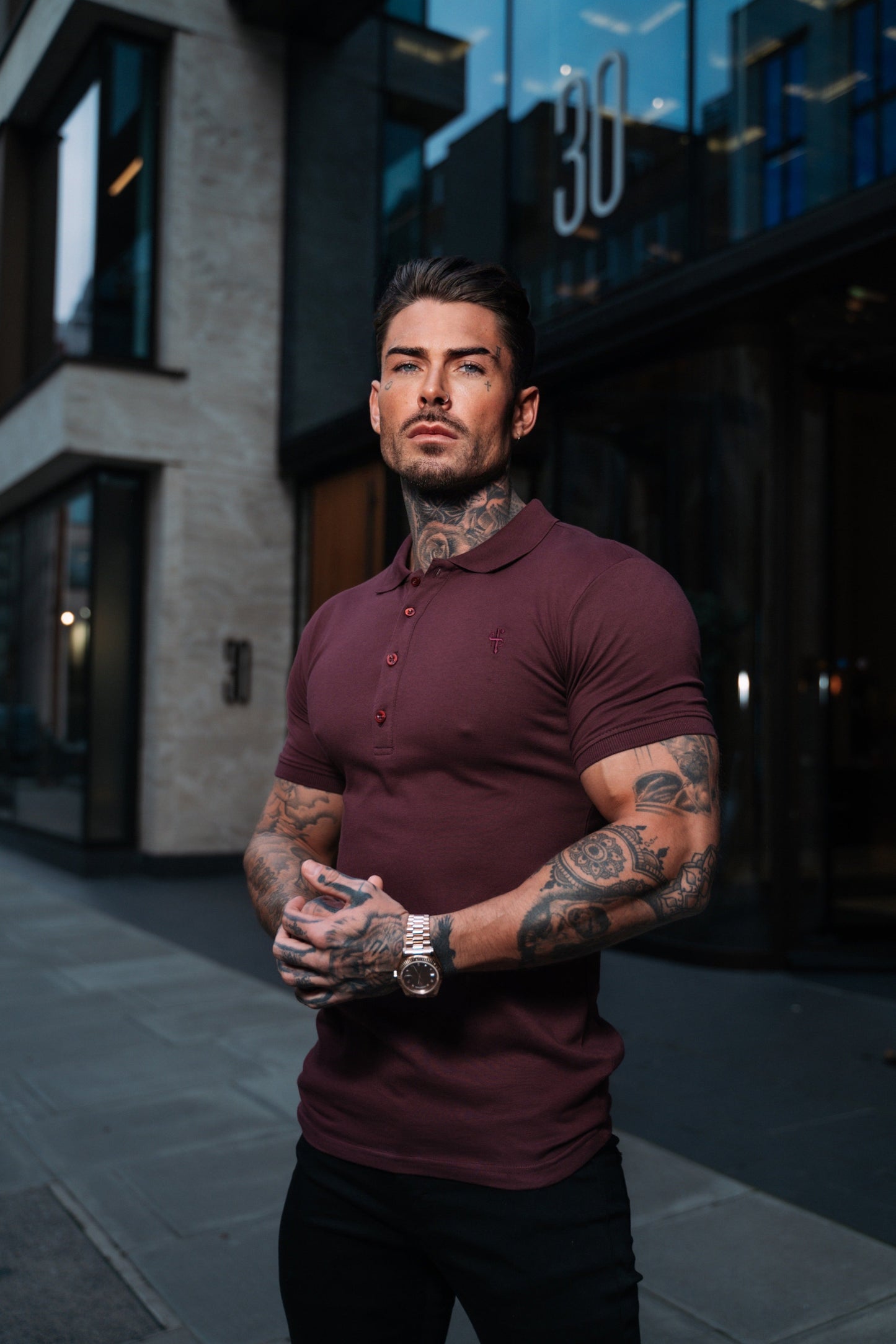 Elegant Burgundy Polo Shirt for Men with Tonal Buttons and Embroidery - FSH876