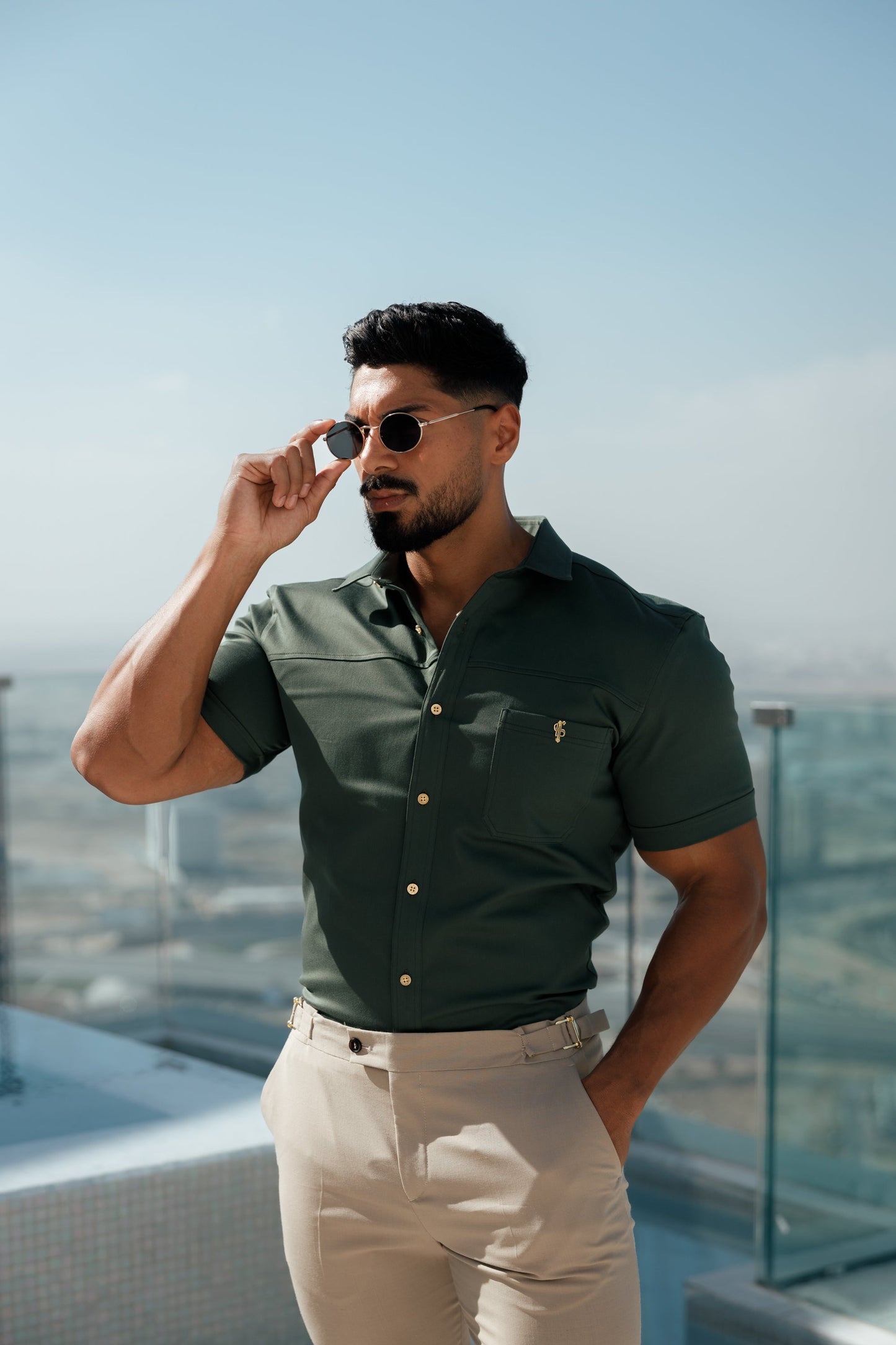 Elevate Your Style: Father Sons Super Slim Stretch Khaki Denim Short Sleeve Shirt with Trendy Horizontal Seam and Pocket - FS958