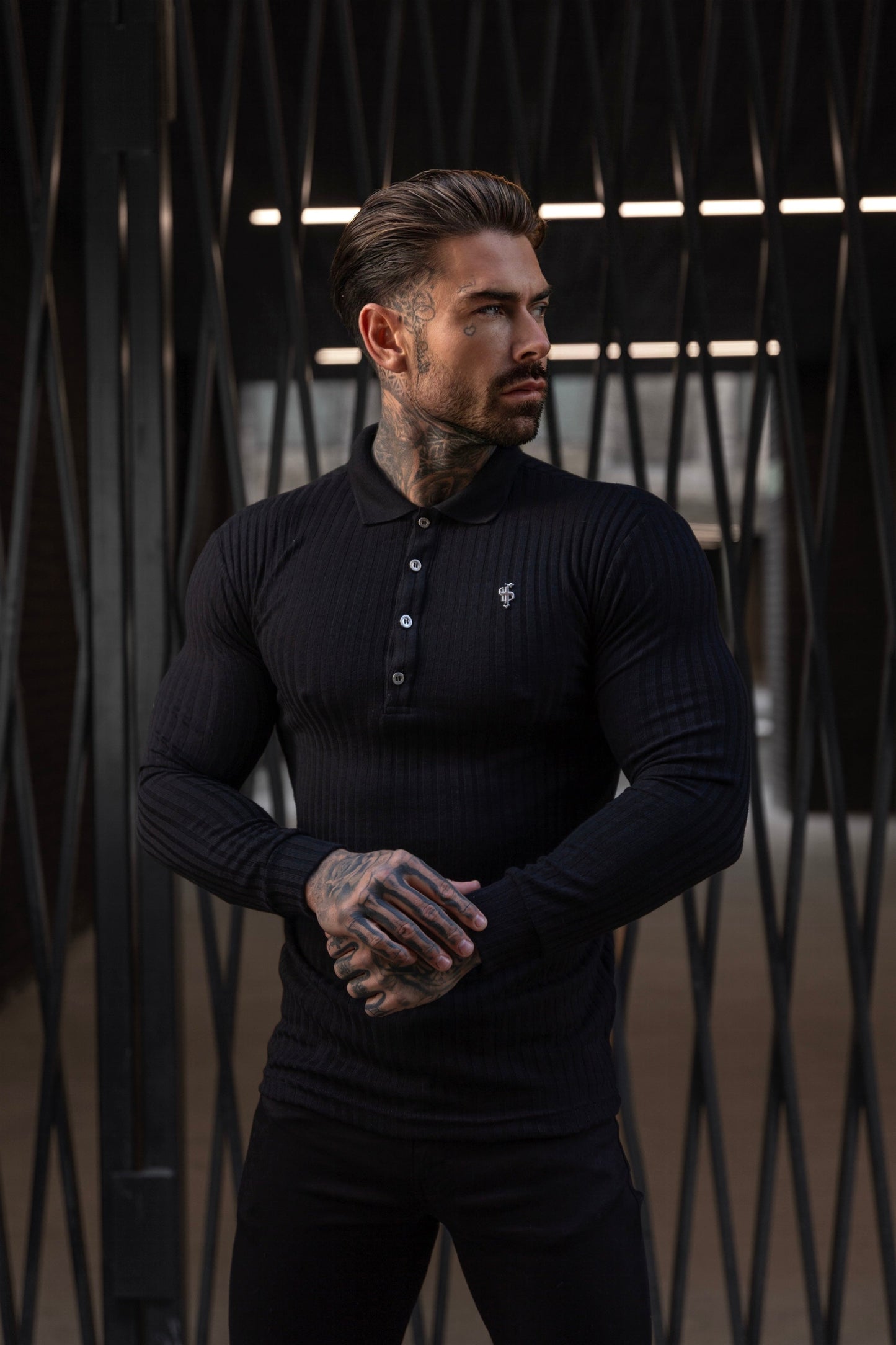 Elevate Your Style with the Father Sons Classic Long Sleeve Black Ribbed Polo Shirt Featuring a Chic Silver Decal - FSH967