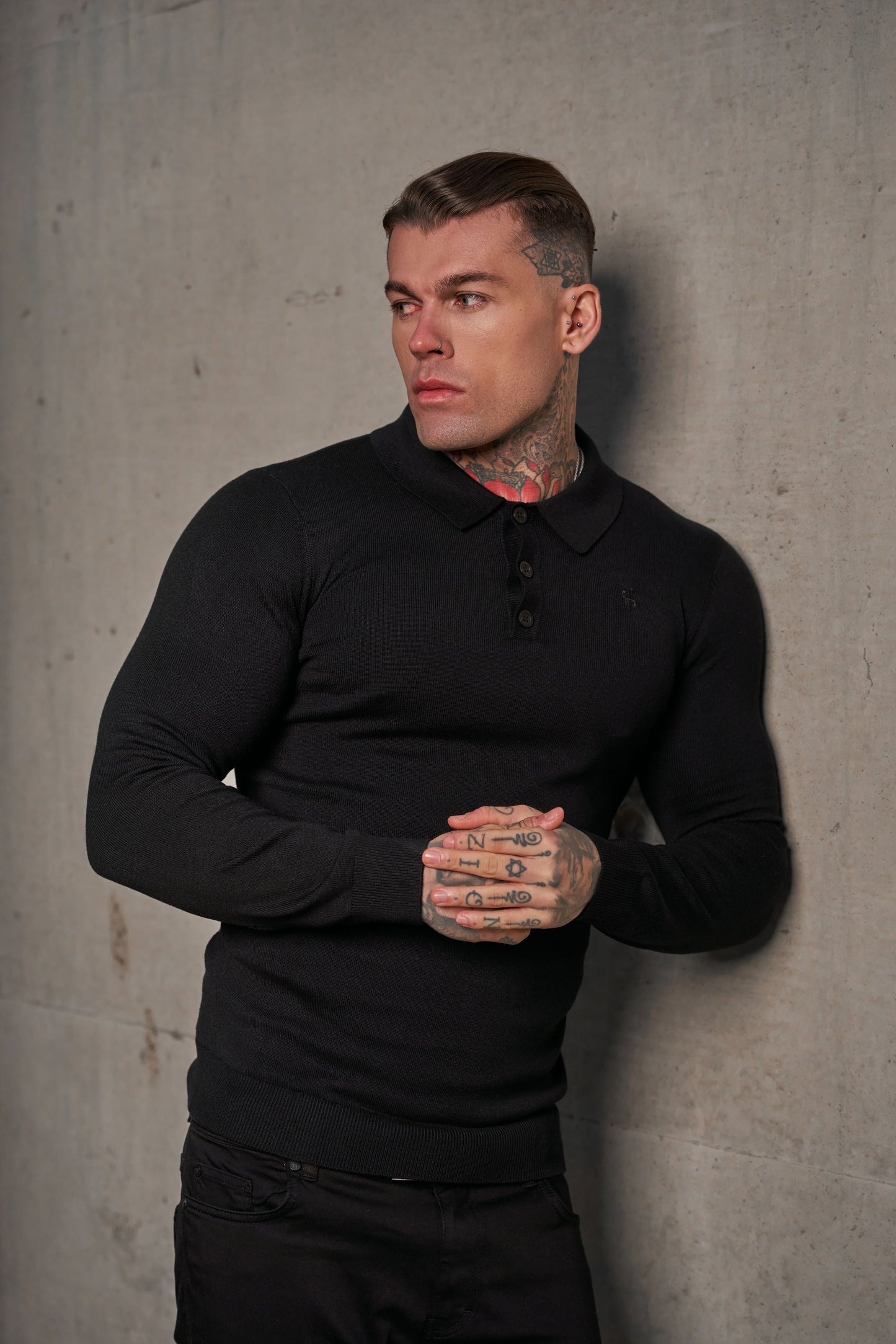 Timeless Elegance: Classic Black Long Sleeve Knitted Polo Jumper for Men with Subtle Tonal FS Embroidery - FSN139
