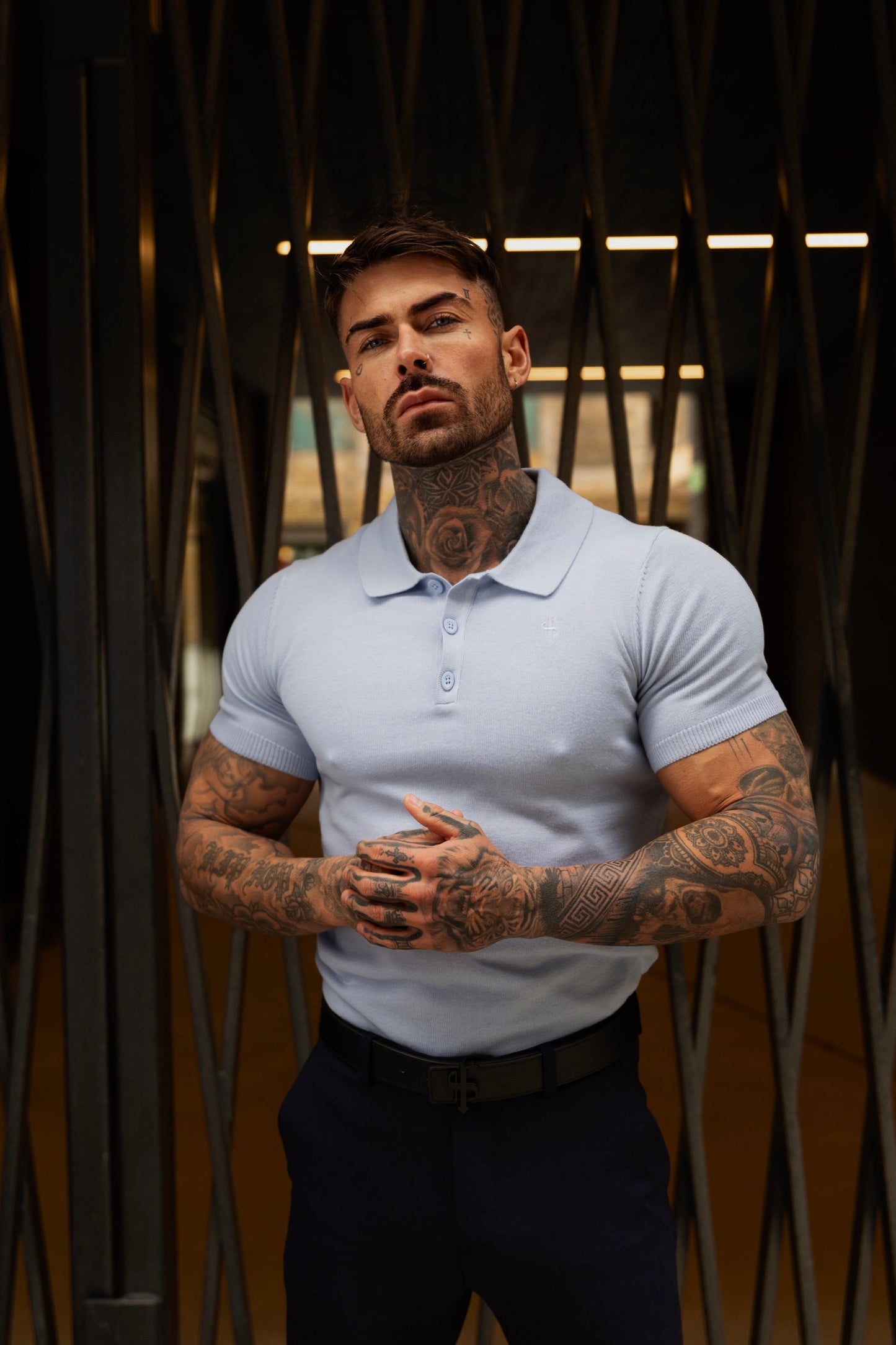 Elevate Your Wardrobe with the Father Sons Classic Pale Blue Short Sleeve Knitted Polo Jumper Featuring Elegant Tonal FS Embroidery - FSN146