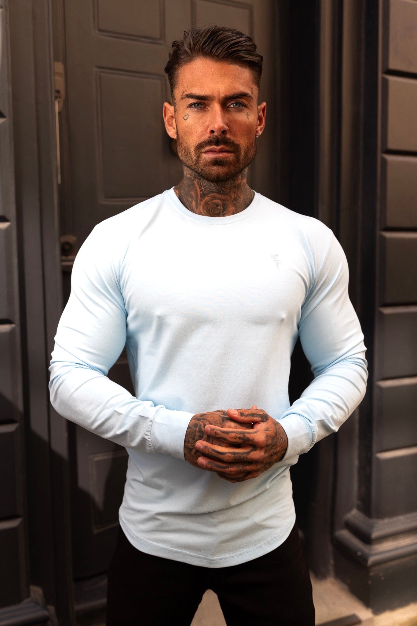 Elevate Your Style with the Father Sons Baby Blue Tonal Curved Hem Long Sleeve Crew Tee - FSH999