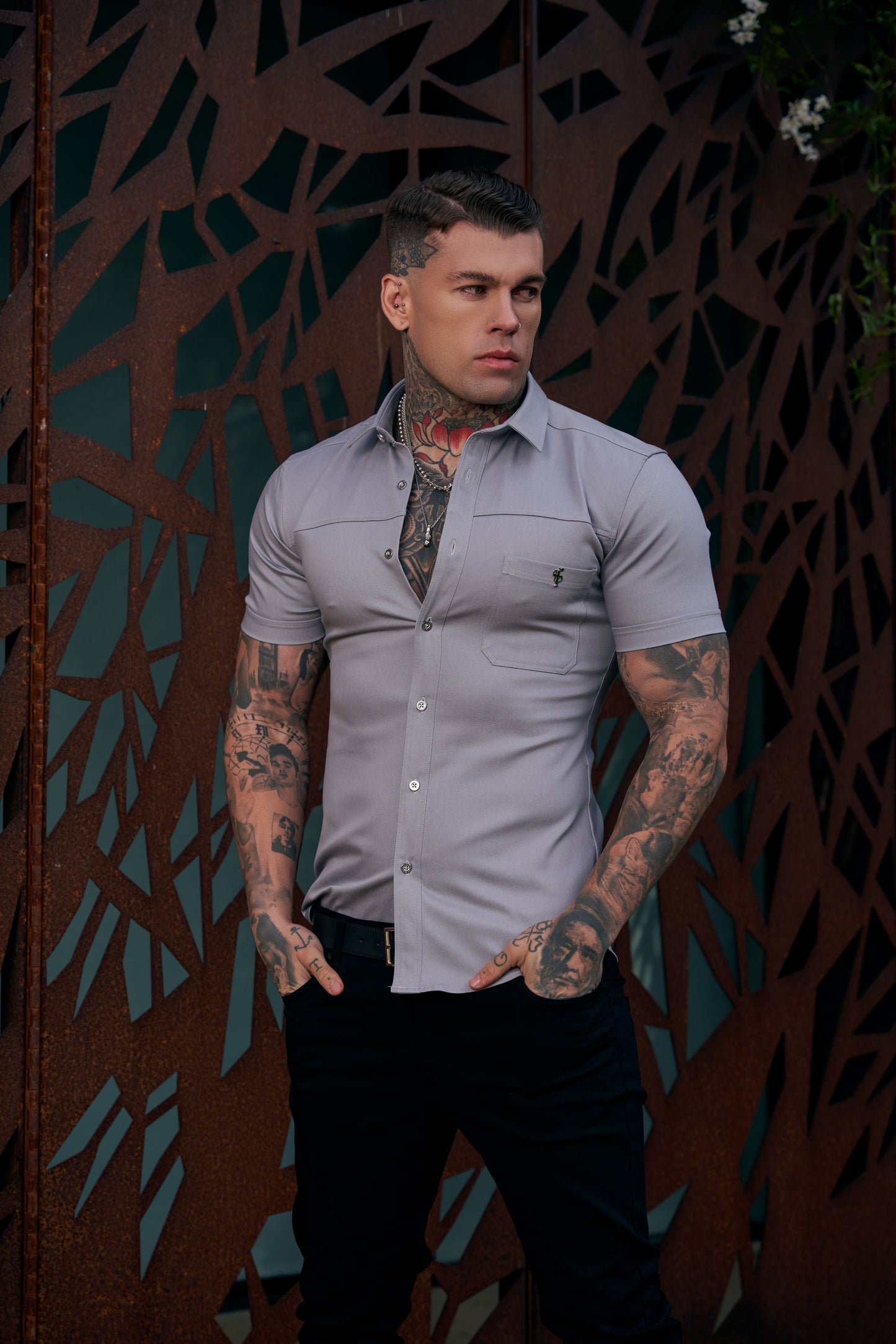 Elevate Your Style with Father Sons Super Slim Stretch Grey Denim Short Sleeve Shirt Featuring Horizontal Seam and Pocket - FS960
