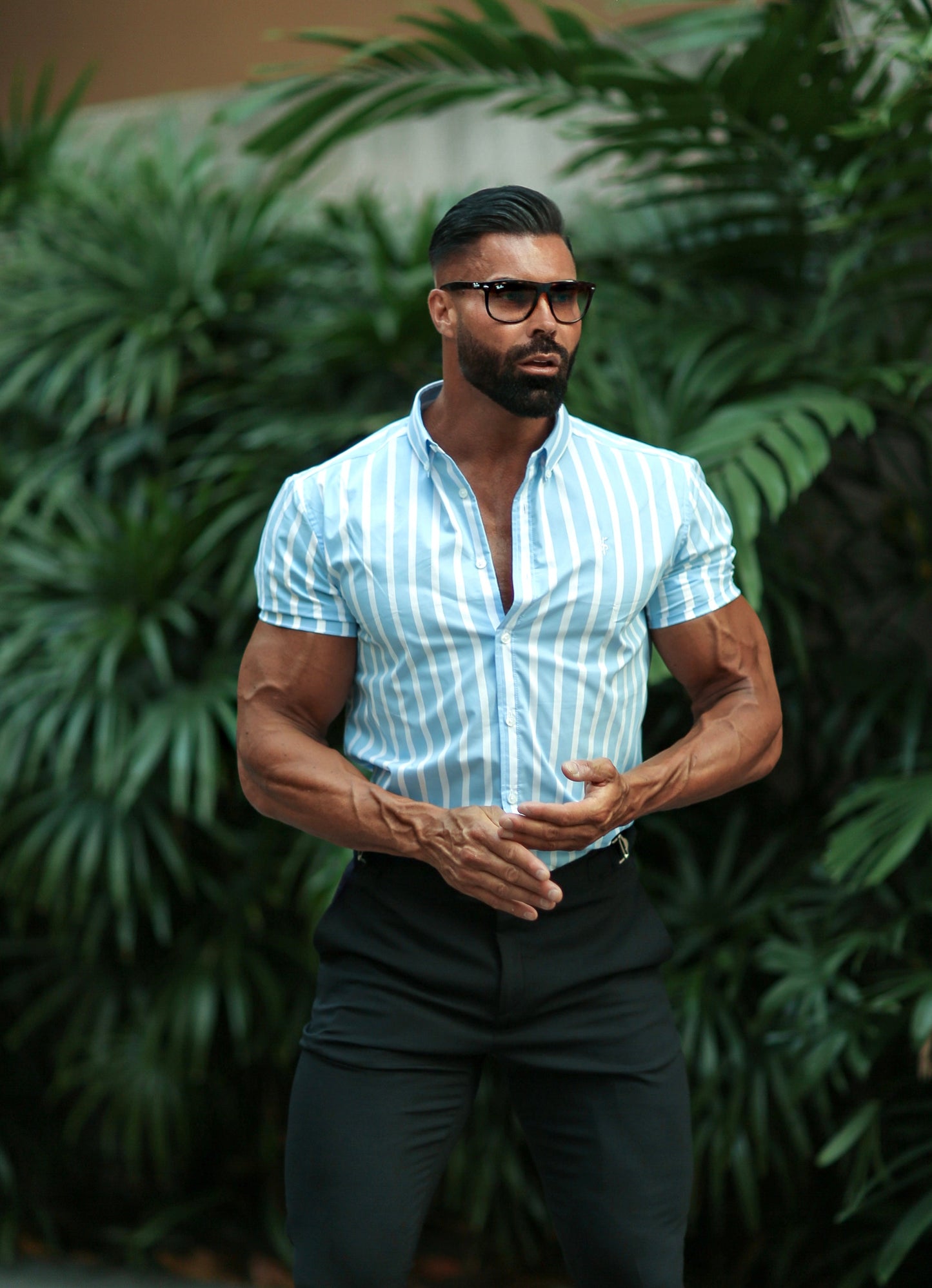 Father Sons Classic Light Blue & White Woven Stripe Short Sleeve Deckchair Shirt - FS976