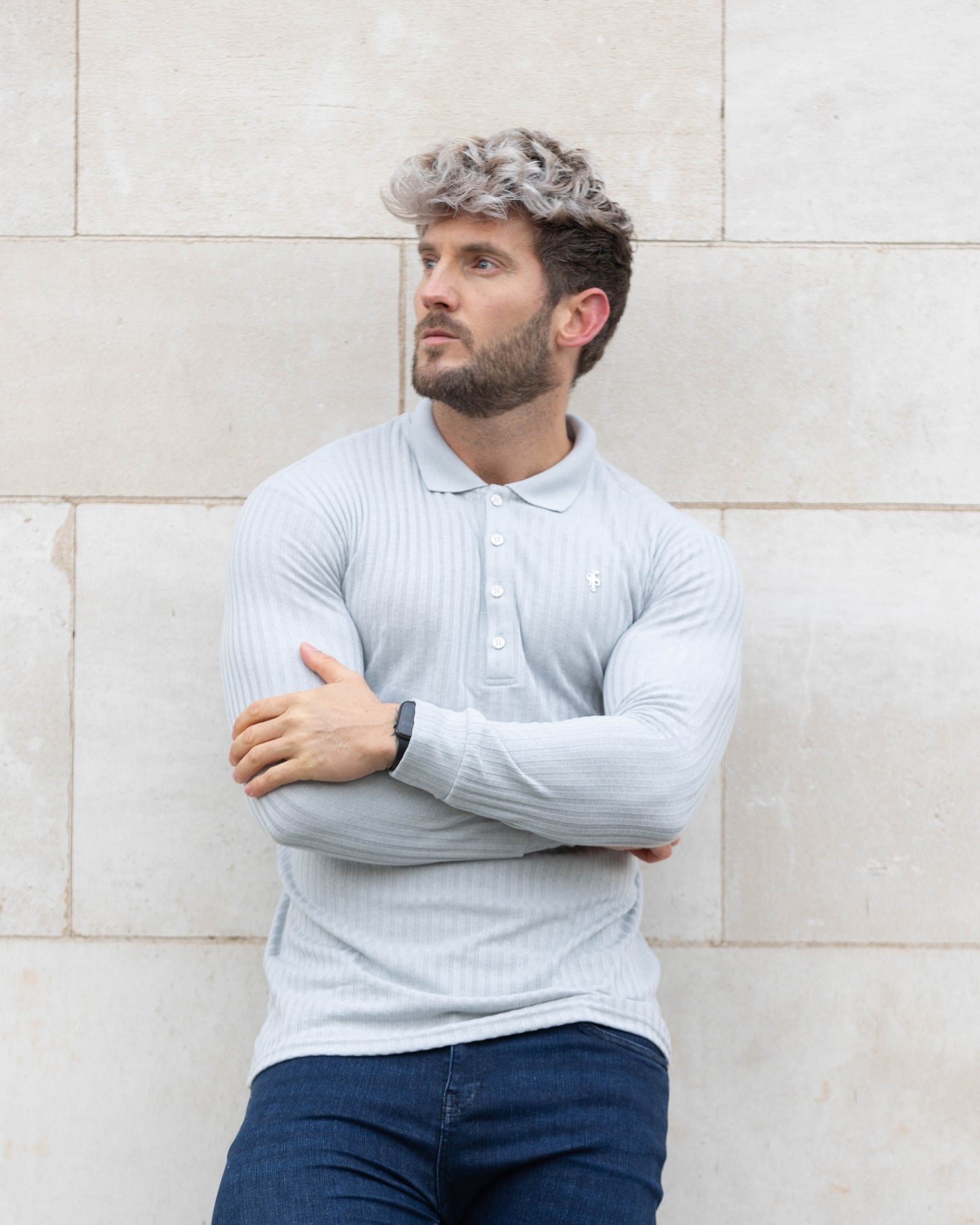 Elevate Your Style: Light Grey Ribbed Long Sleeve Polo with Silver Accent by Father Sons - FSH973