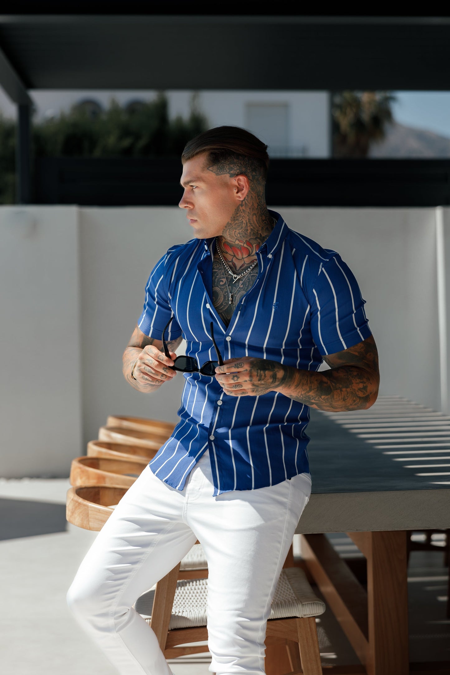 Elevate Your Style with Father Sons Ocean Blue Super Slim Stretch Short Sleeve Shirt – Bold Wide Stripes & Button Down Collar - FS1056