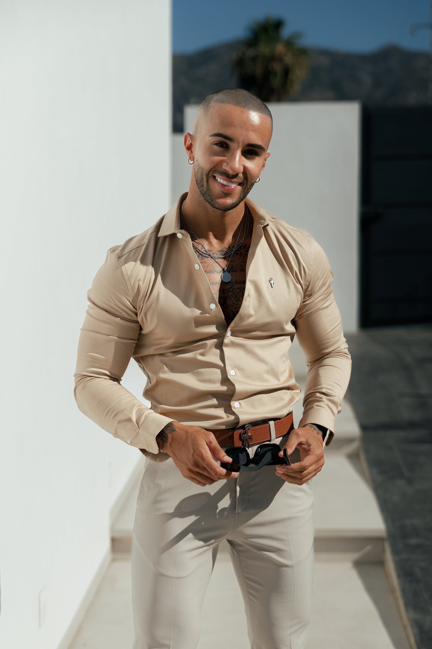 Elevate Your Wardrobe with the Father Sons Super Slim Stretch Vintage Beige Side Panel Long Sleeve Shirt - FS1089