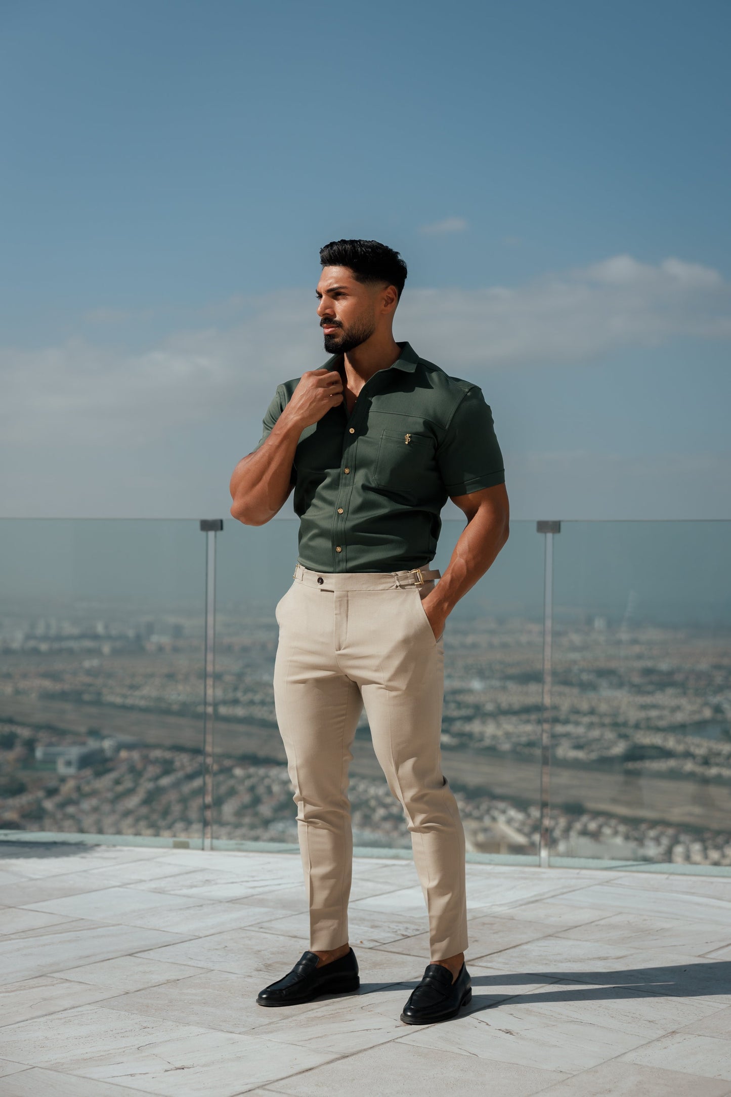 Elevate Your Style: Father Sons Super Slim Stretch Khaki Denim Short Sleeve Shirt with Trendy Horizontal Seam and Pocket - FS958