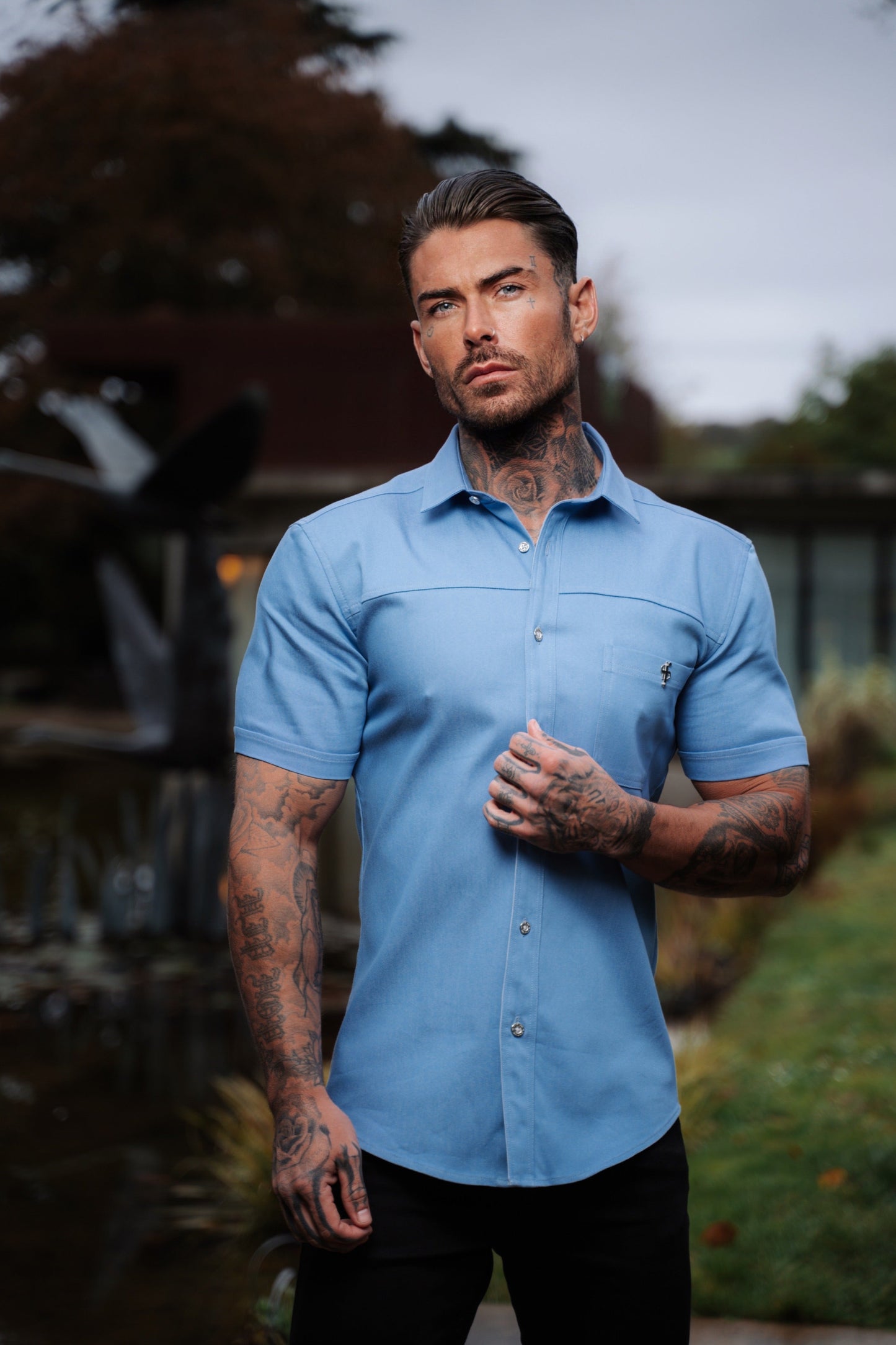 Elevate Your Style with Father Sons Super Slim Stretch Light Blue Denim Short Sleeve Shirt Featuring Horizontal Seam and Pocket - FS957