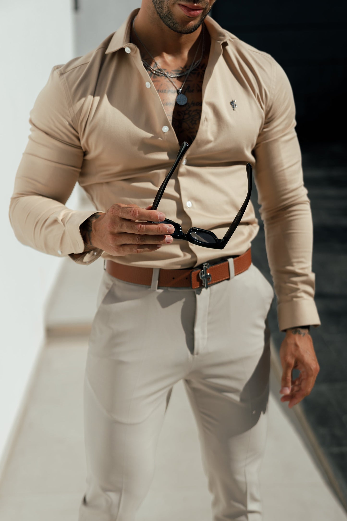 Elevate Your Wardrobe with the Father Sons Super Slim Stretch Vintage Beige Side Panel Long Sleeve Shirt - FS1089