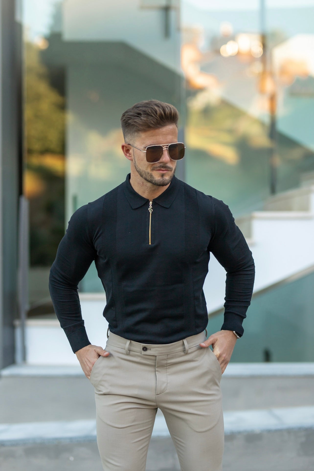 Elevate Your Wardrobe with the Father Sons Timeless Black and Gold Long Sleeve Zip Polo Shirt - FSN126
