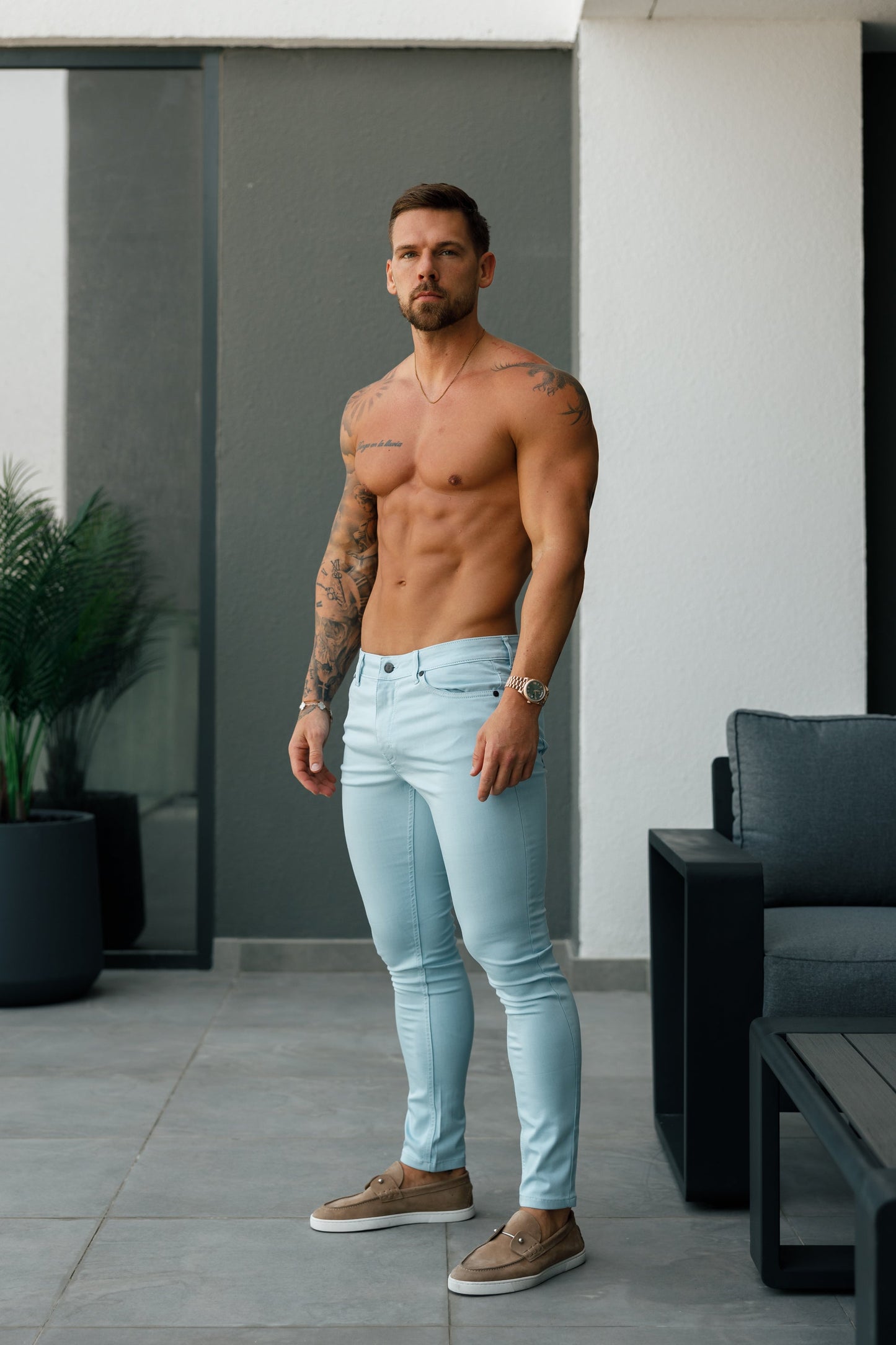 Elevate Your Style with FS Slim Stretch Pale Blue Sateen Trousers - FSH1147