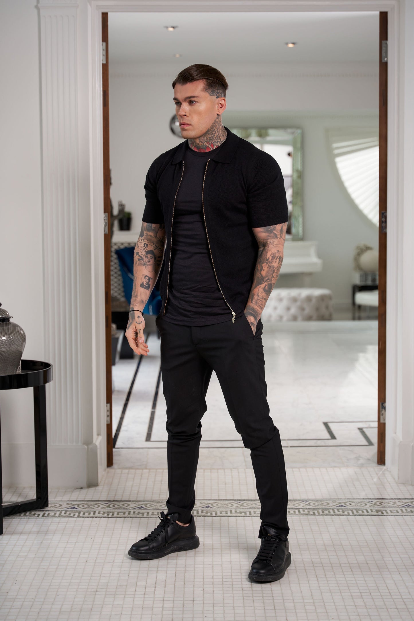 Stylish Black Short Sleeve Zip-Up Knit Sweater with Classic Textured Design - Father Sons Collection - FSN151