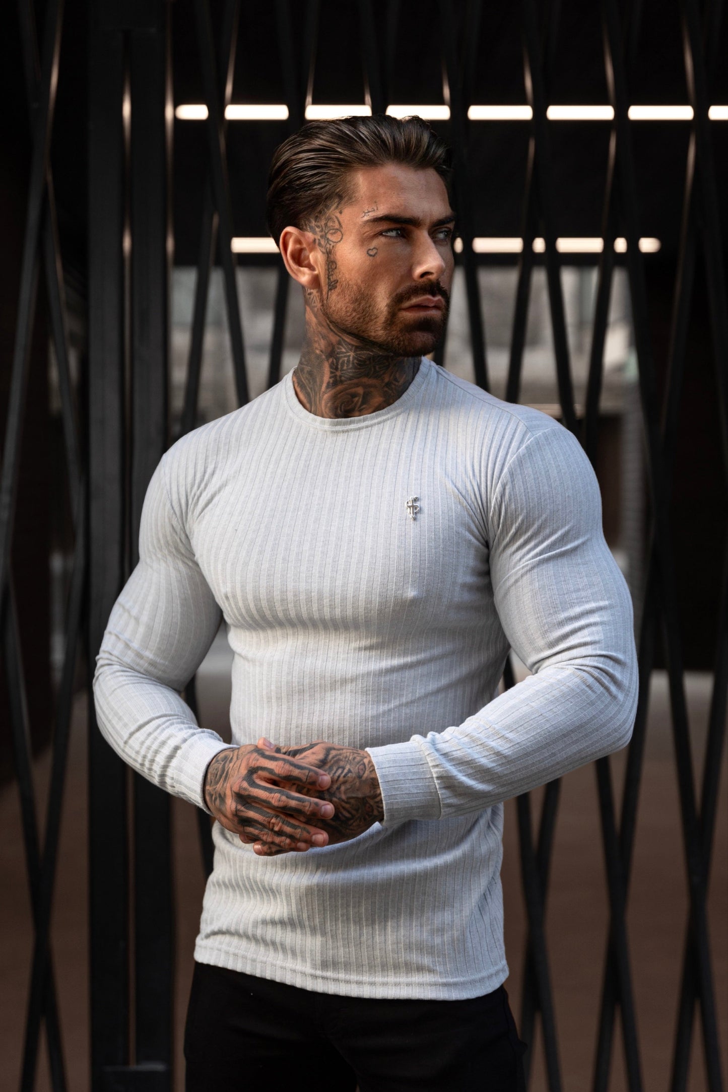 Elevate Your Style with the Father Sons Classic Light Grey Ribbed Knit Jumper Featuring a Sleek Silver Metal Emblem - FSH949