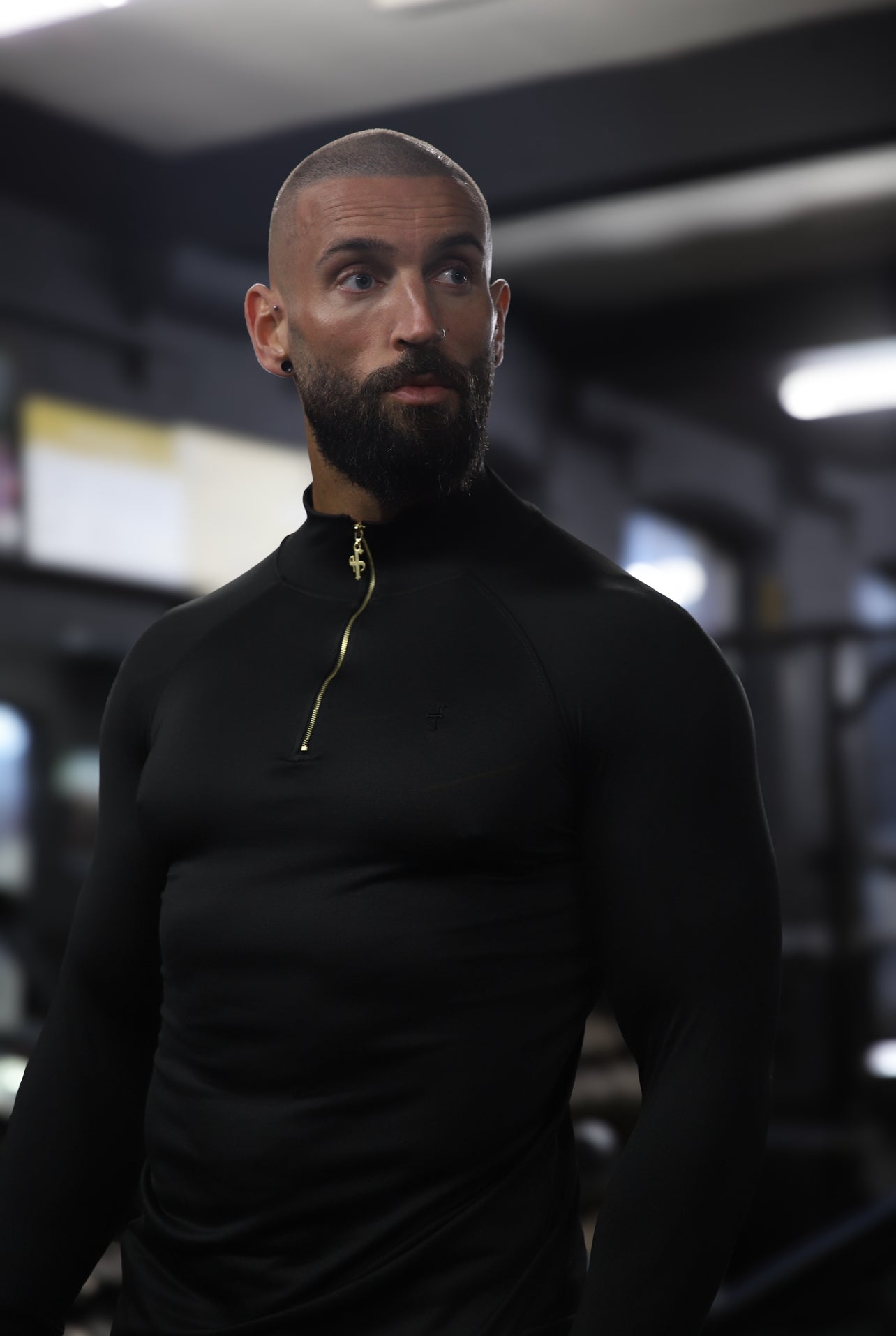 Elevate Your Workout with the Father Sons Solid Black and Gold Half Zip Long Sleeve Gym Top - FSH887