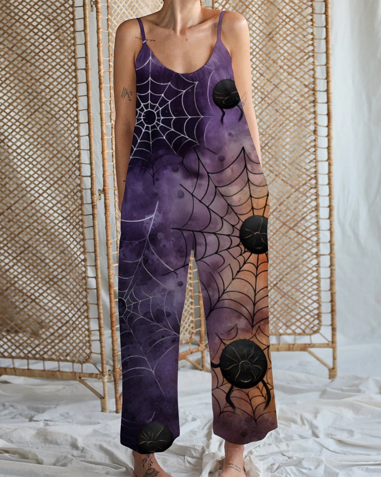 Women's Purple Spider Web Print Cotton and Linen Wide Leg Strap Jumpsuit