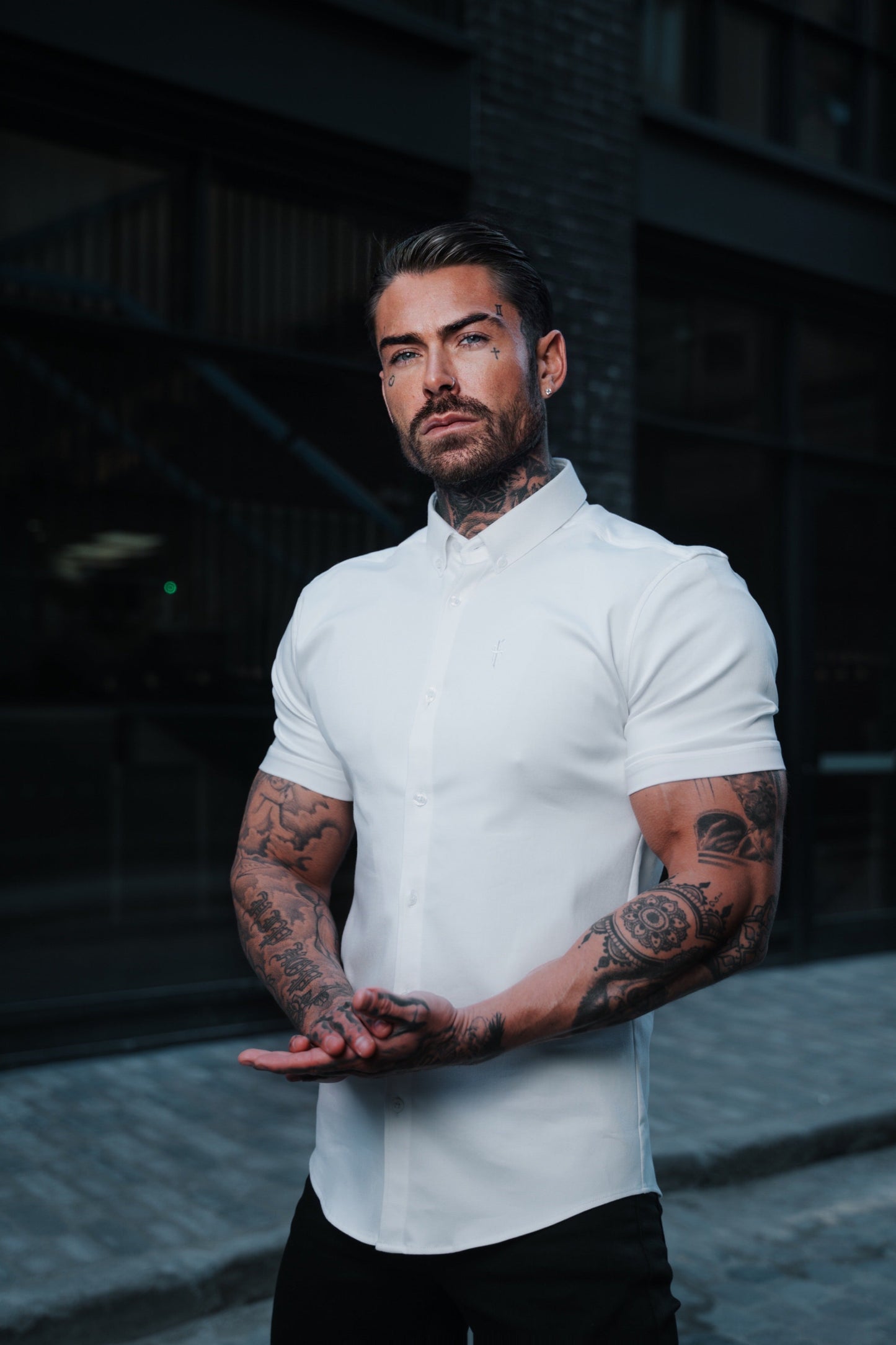 Elevate Your Style with Father Sons Super Slim Fit Stretch White Denim Short Sleeve Shirt - FS598
