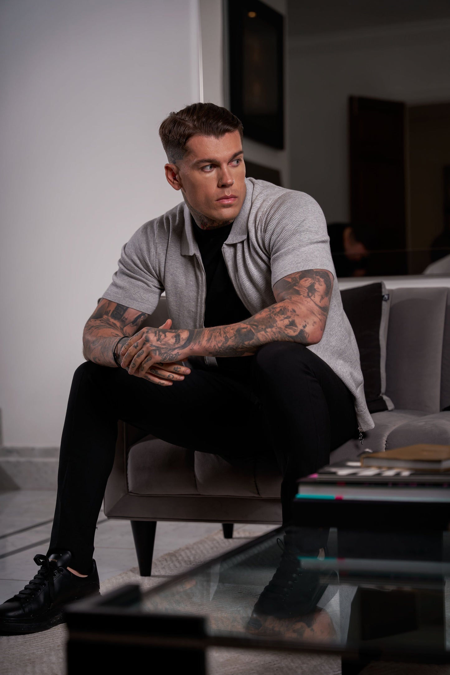 Elevate Your Wardrobe: Father Sons Light Grey Short Sleeve Knit Zip-Up with Chic Textured Design - FSN154