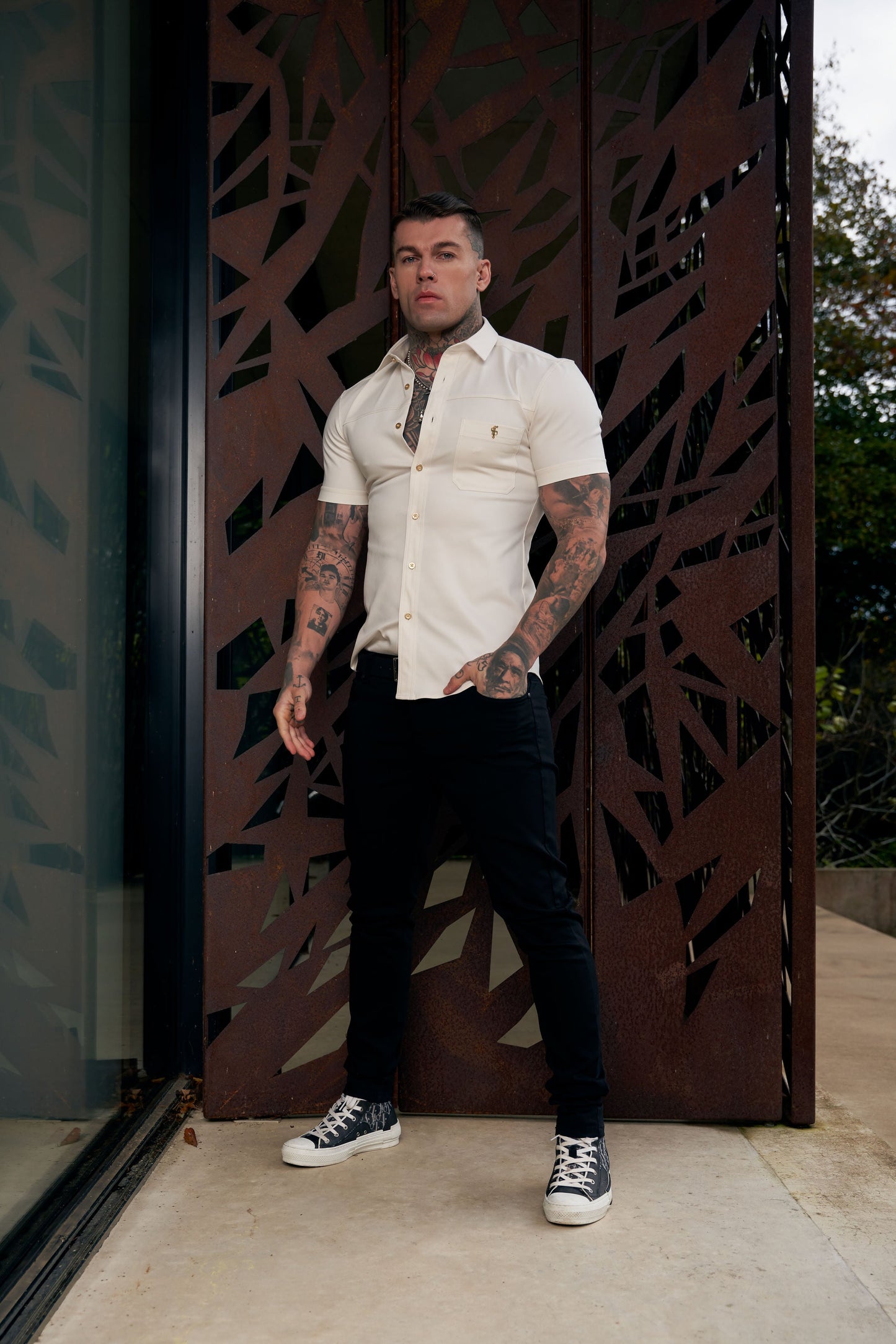 Elevate Your Style: Father Sons Super Slim Fit Cream Stretch Denim Short Sleeve Shirt with Trendy Horizontal Seam and Pocket - FS955