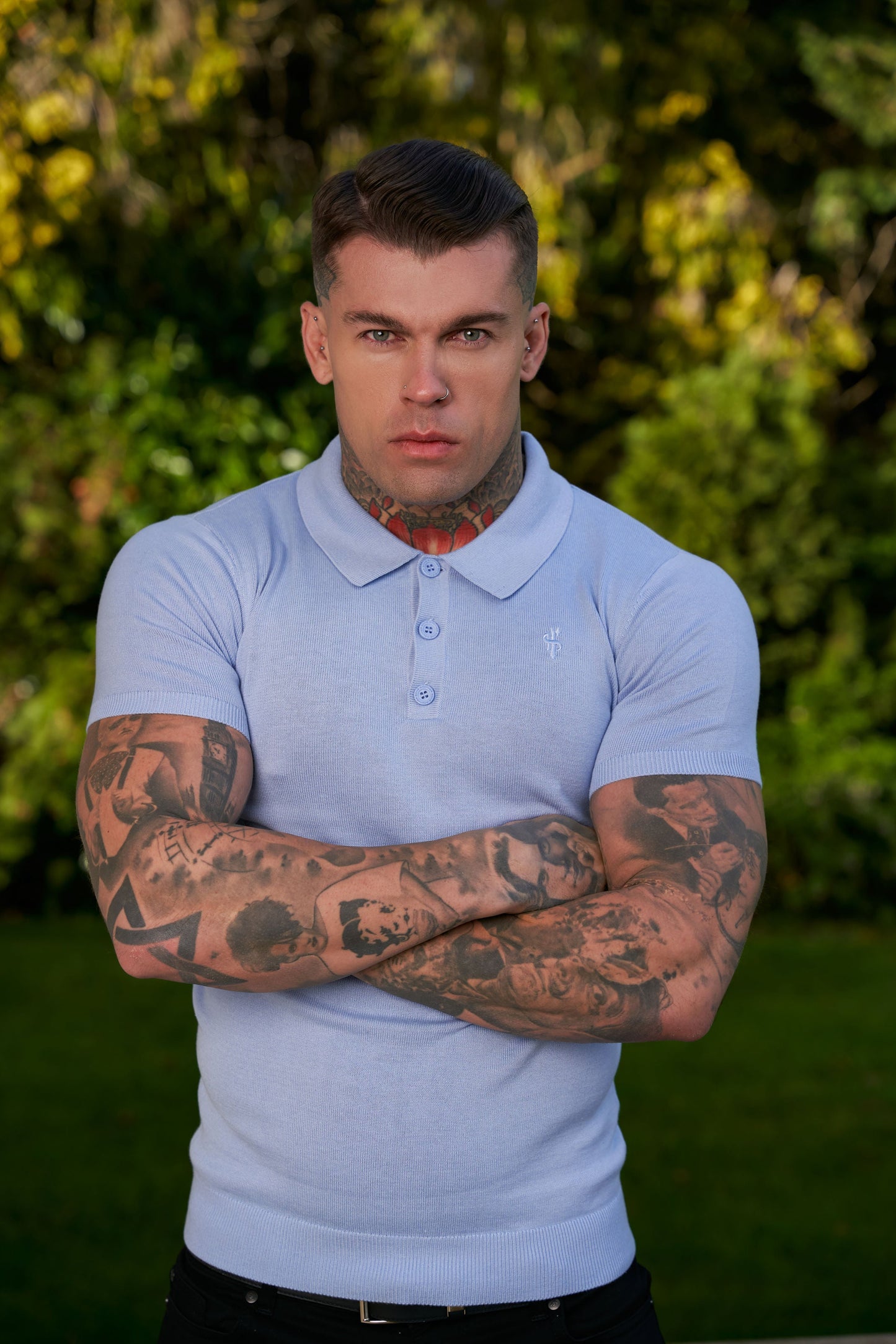 Elevate Your Wardrobe with the Father Sons Classic Pale Blue Short Sleeve Knitted Polo Jumper Featuring Elegant Tonal FS Embroidery - FSN146