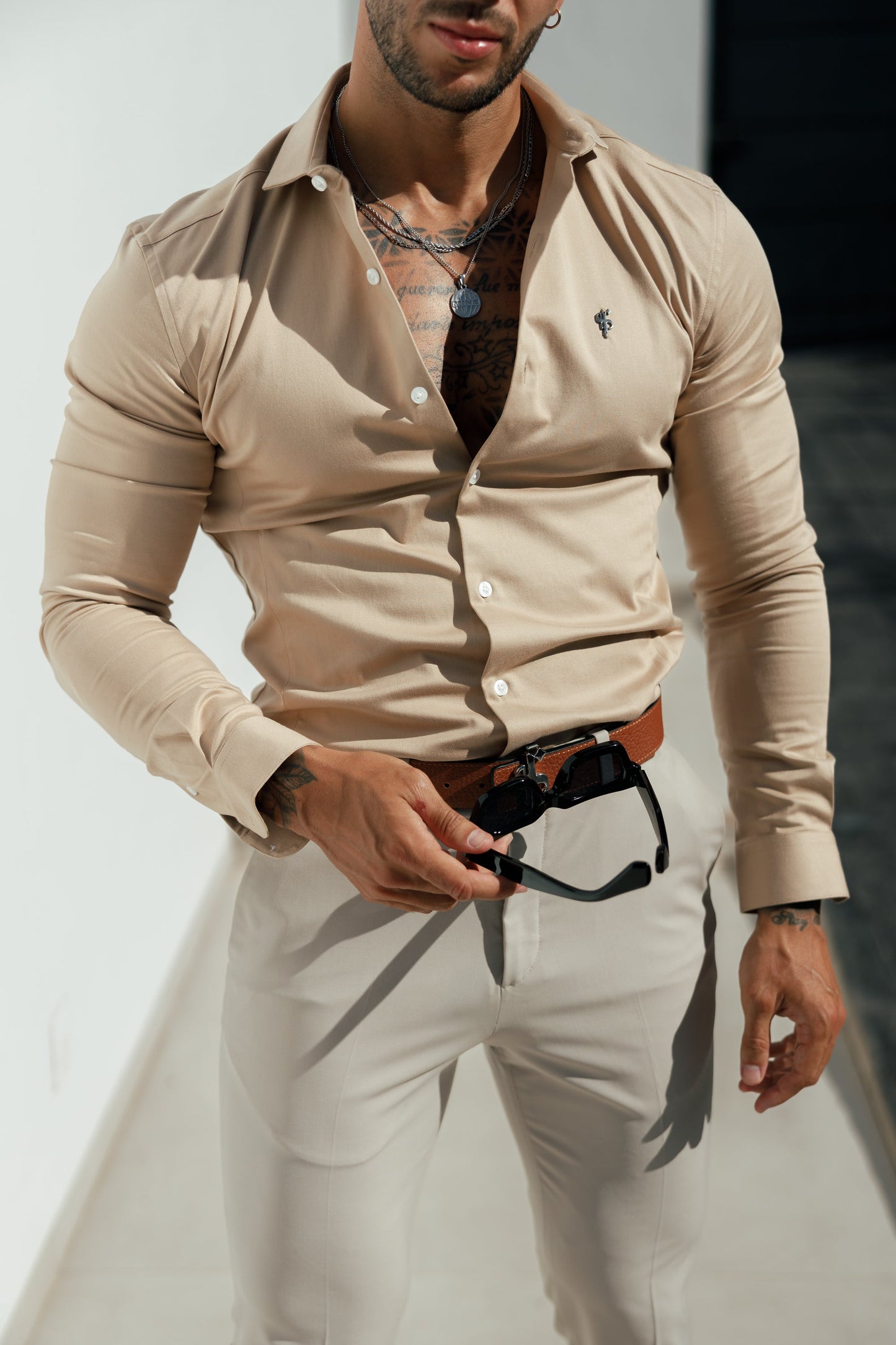 Elevate Your Wardrobe with the Father Sons Super Slim Stretch Vintage Beige Side Panel Long Sleeve Shirt - FS1089
