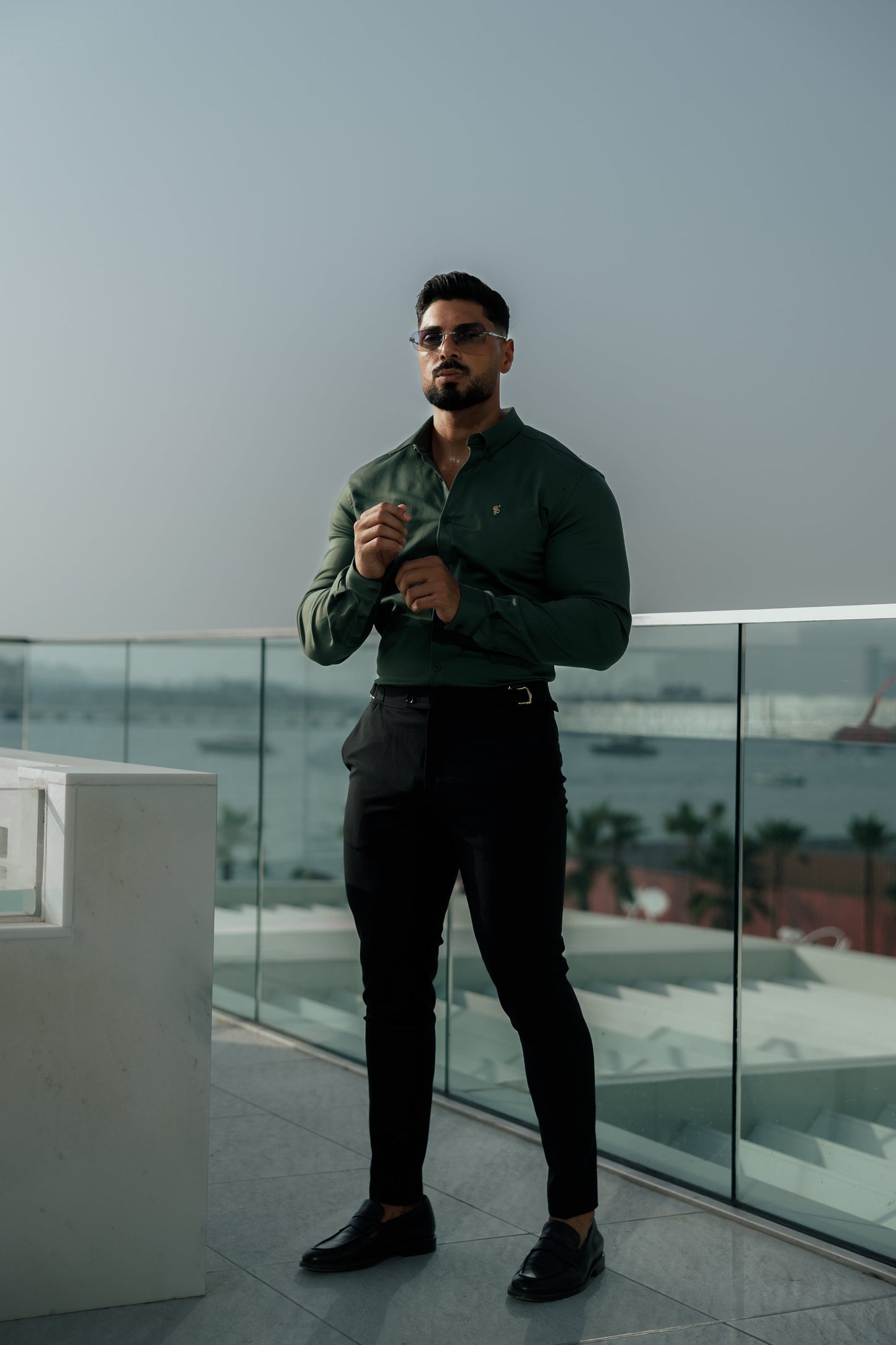 Elevate Your Style with Father Sons Super Slim Stretch Khaki Denim Long Sleeve Shirt Featuring Gold Metal Accent and Button Down Collar - FS1044