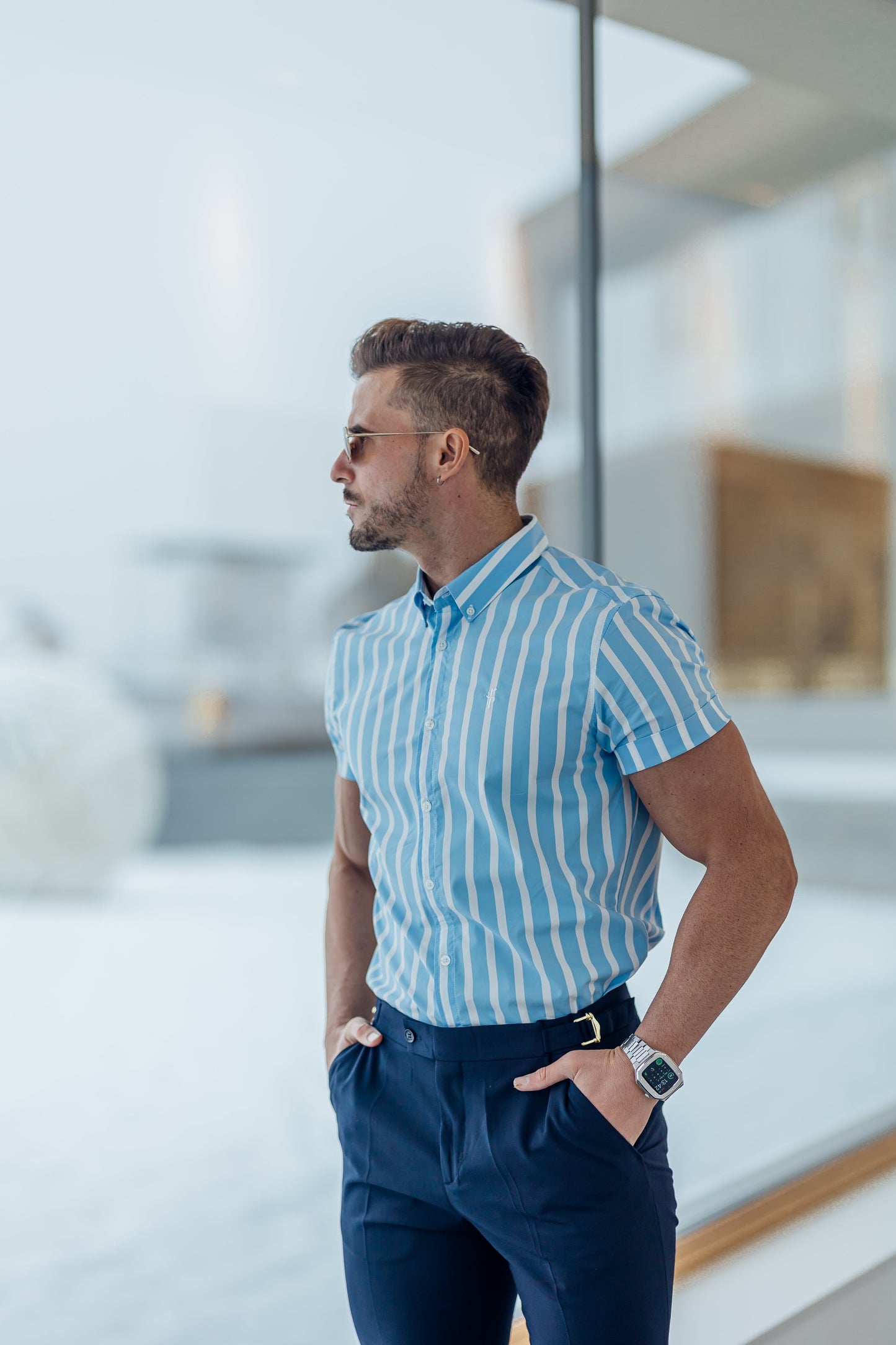 Father Sons Classic Light Blue & White Woven Stripe Short Sleeve Deckchair Shirt - FS976