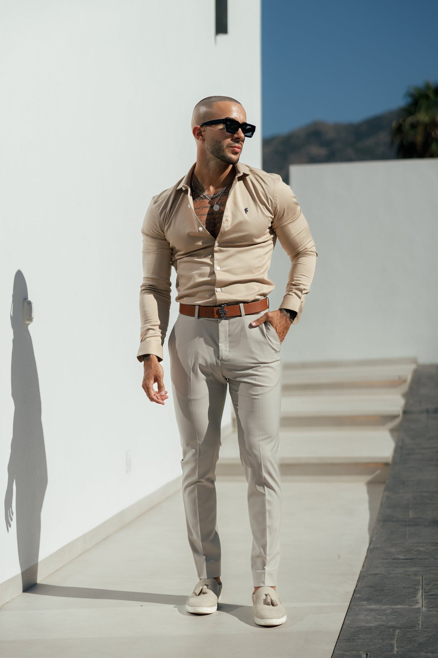 Elevate Your Wardrobe with the Father Sons Super Slim Stretch Vintage Beige Side Panel Long Sleeve Shirt - FS1089