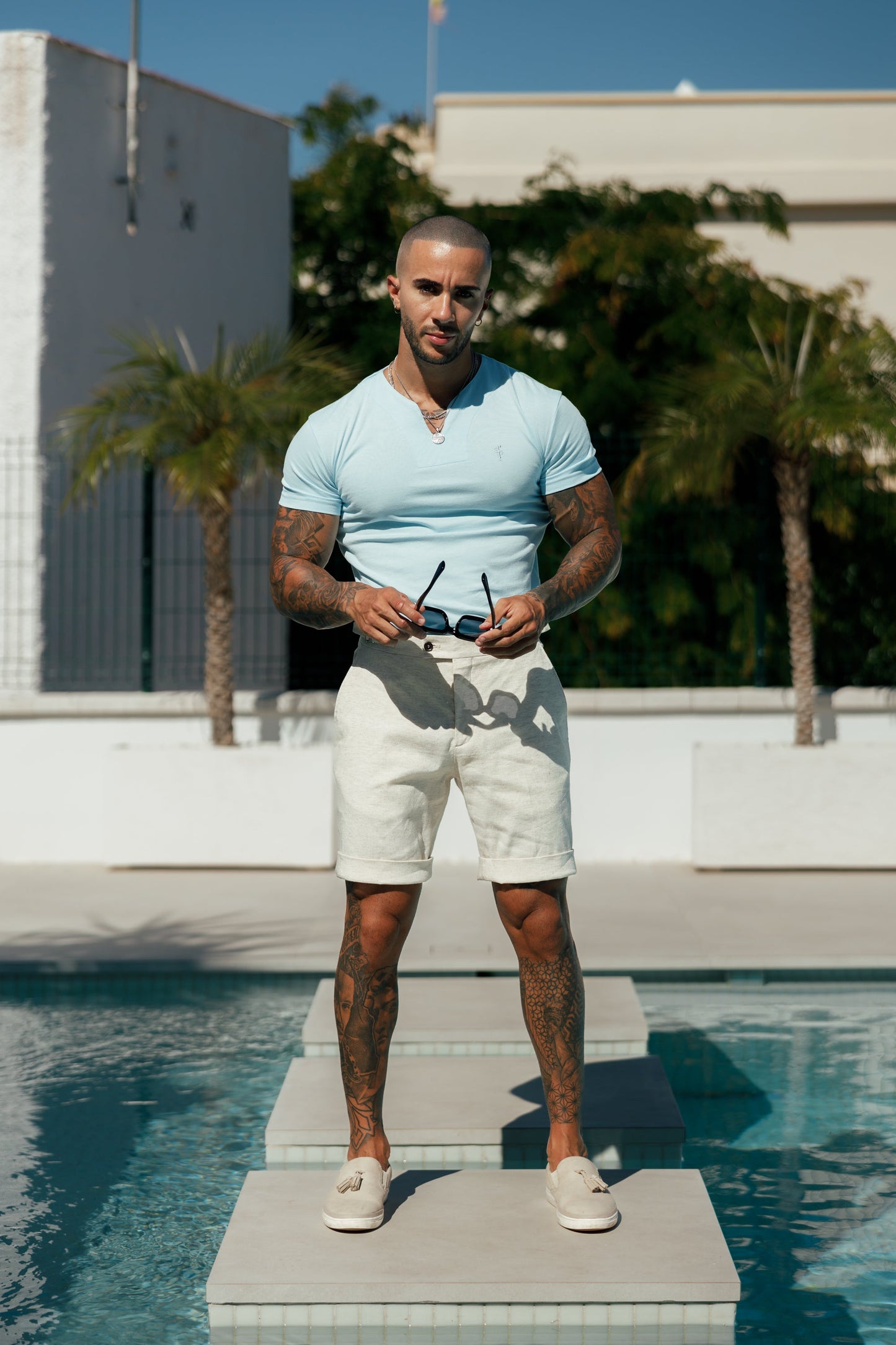 Elevate Your Style: Father Sons Light Blue Advanced V Neck Crew Short Sleeve Tee - FSH1015