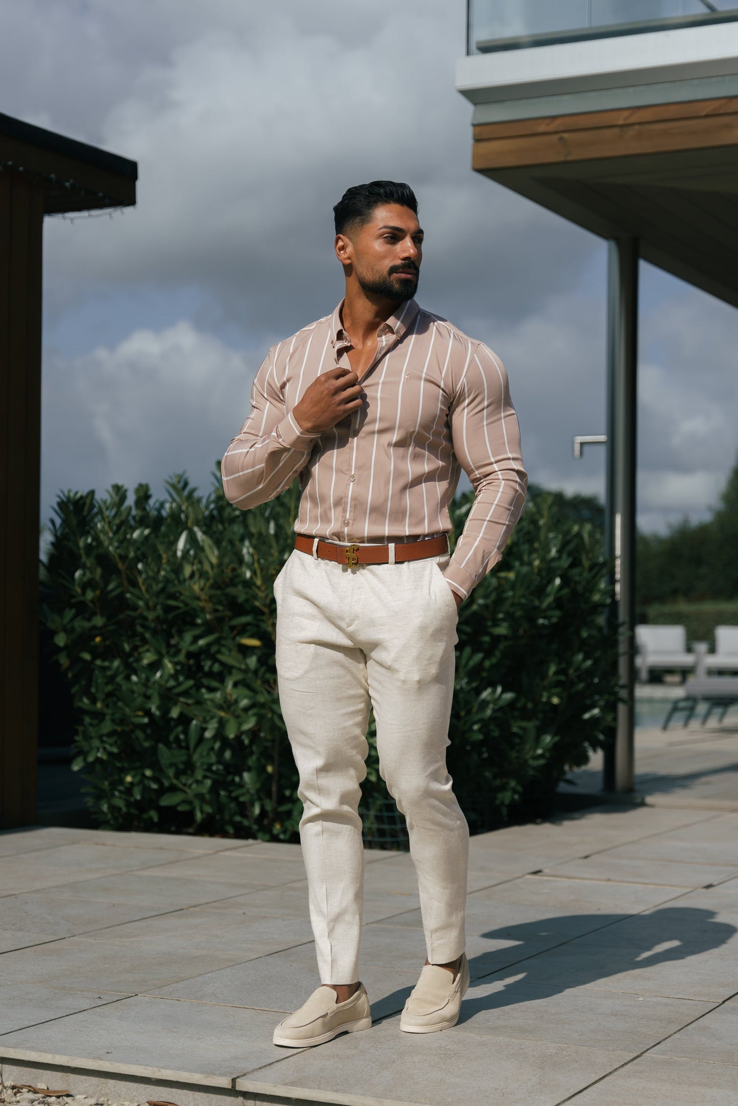 Elevate Your Style: Father Sons Super Slim Stretch Taupe Stripe Long Sleeve Shirt with Button Down Collar - FS1065