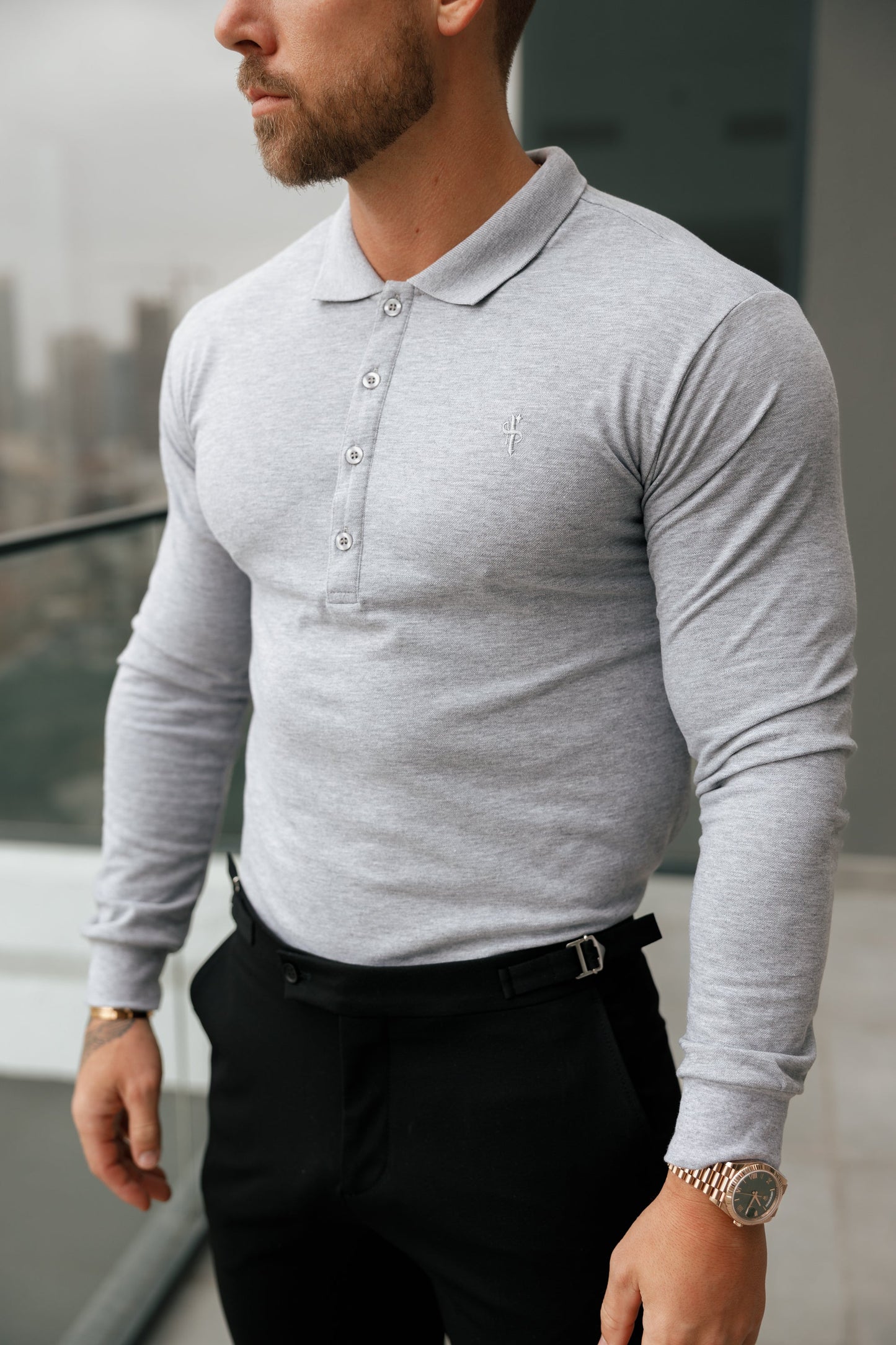 Elevate Your Style with the Father Sons Light Grey Tonal Long Sleeve Polo - FSH859