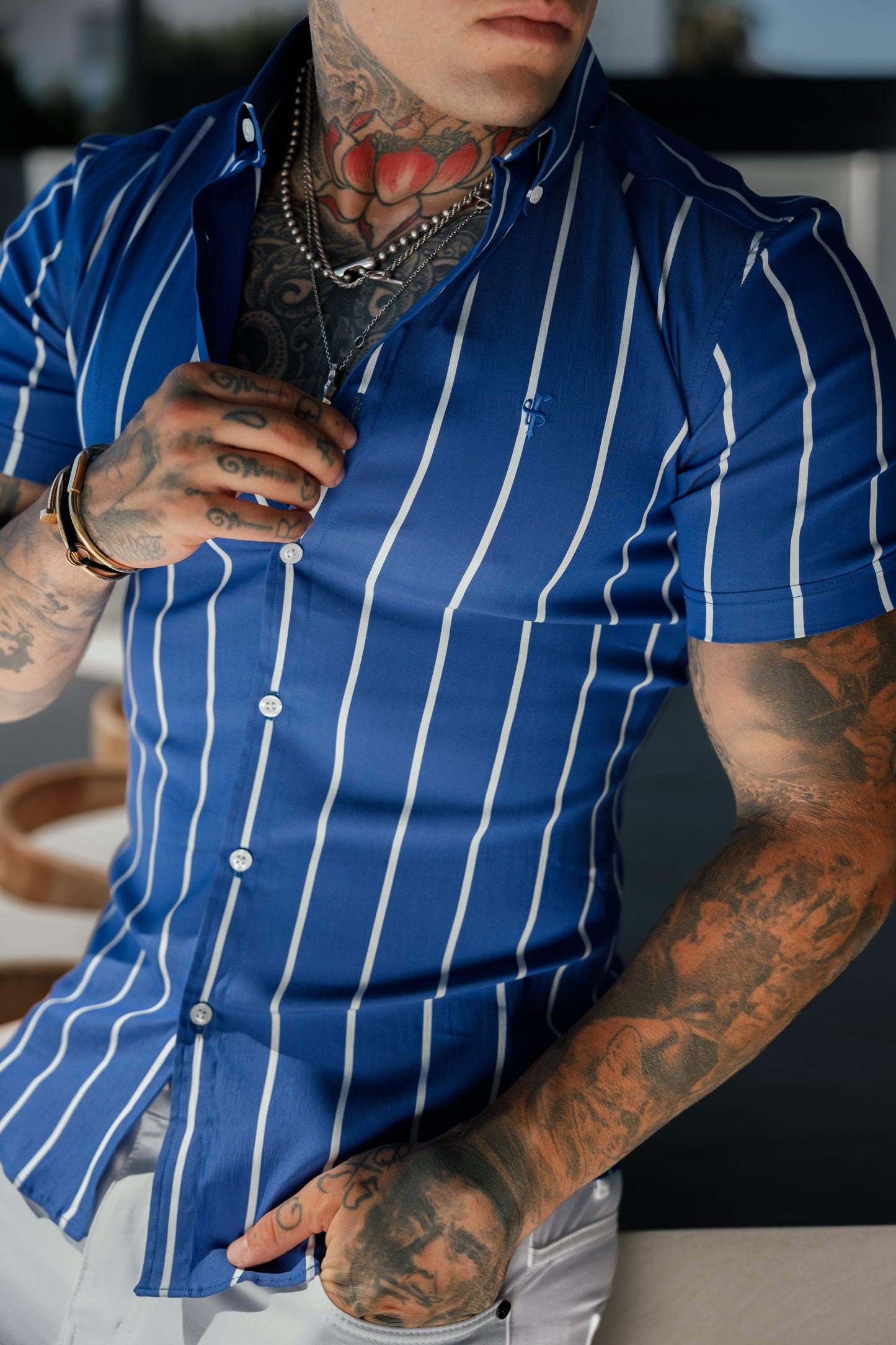 Elevate Your Style with Father Sons Ocean Blue Super Slim Stretch Short Sleeve Shirt – Bold Wide Stripes & Button Down Collar - FS1056