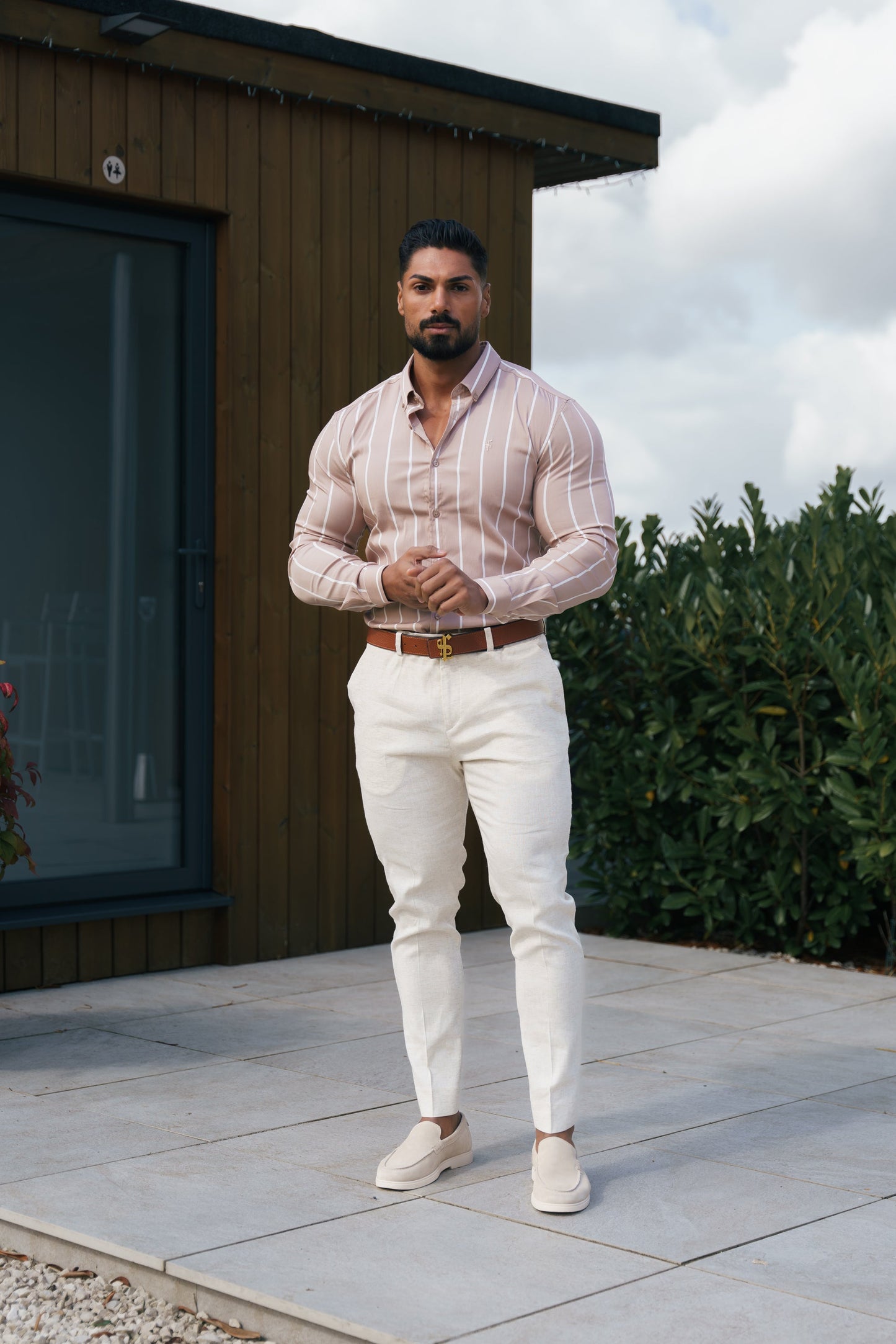 Elevate Your Style: Father Sons Super Slim Stretch Taupe Stripe Long Sleeve Shirt with Button Down Collar - FS1065