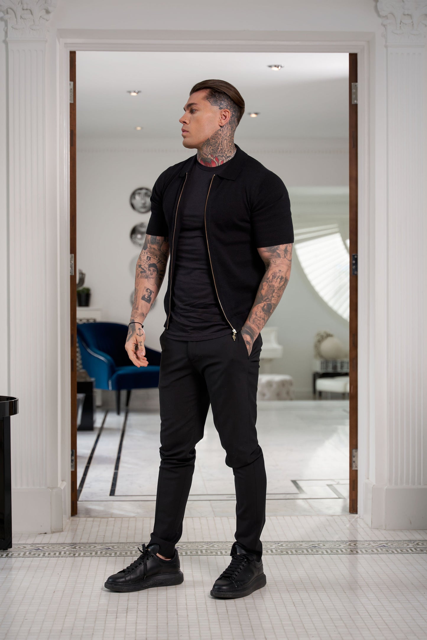 Stylish Black Short Sleeve Zip-Up Knit Sweater with Classic Textured Design - Father Sons Collection - FSN151