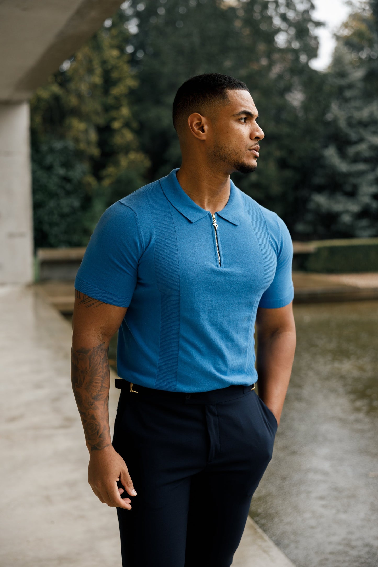 Elevate Your Style with the Father Sons Classic Mid Blue & Gold Short Sleeve Zip Polo Shirt - FSN134